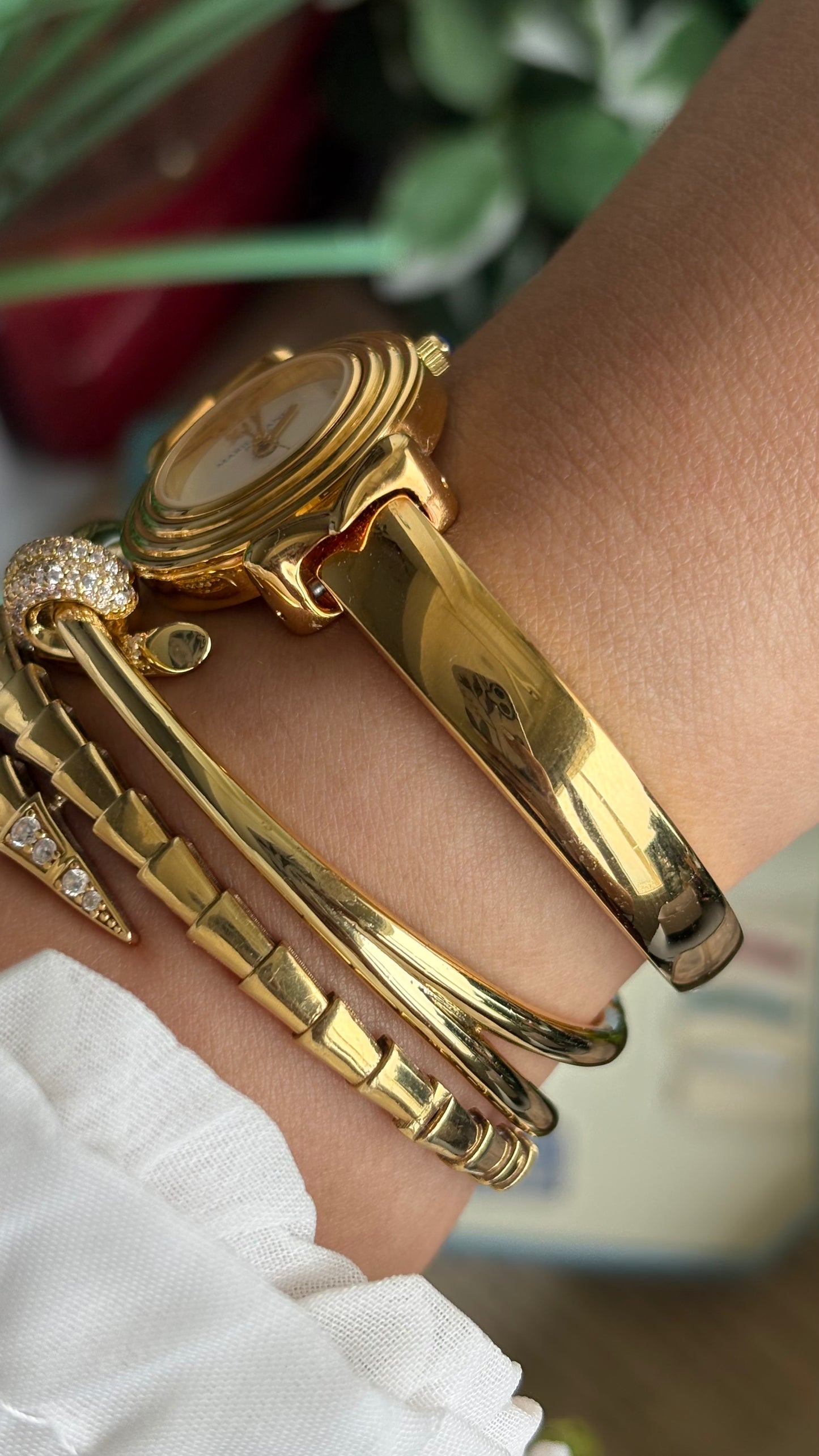 Vintage Marie France Interchangeable Bezel Set Bangle Watch in Gold Tone