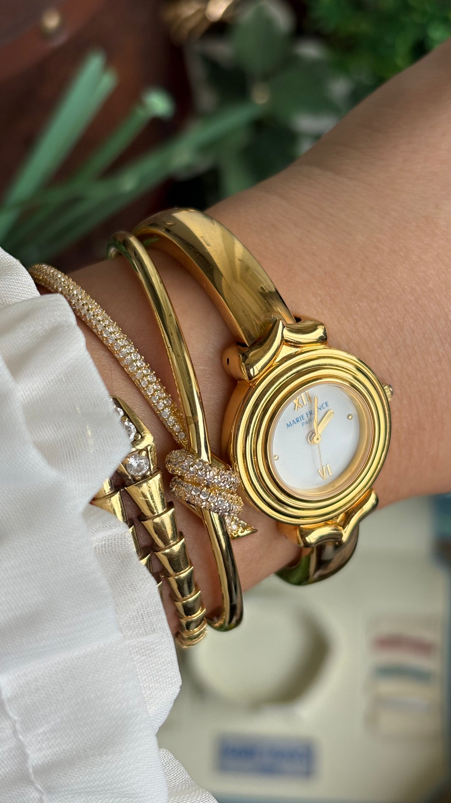 Vintage Marie France Interchangeable Bezel Set Bangle Watch in Gold Tone