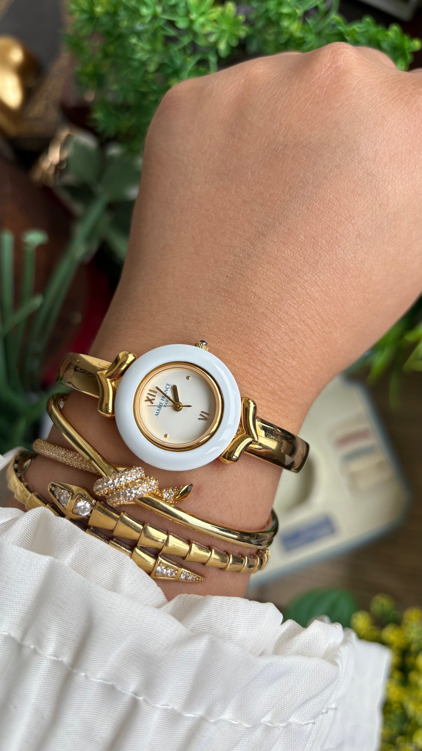 Vintage Marie France Interchangeable Bezel Set Bangle Watch in Gold Tone