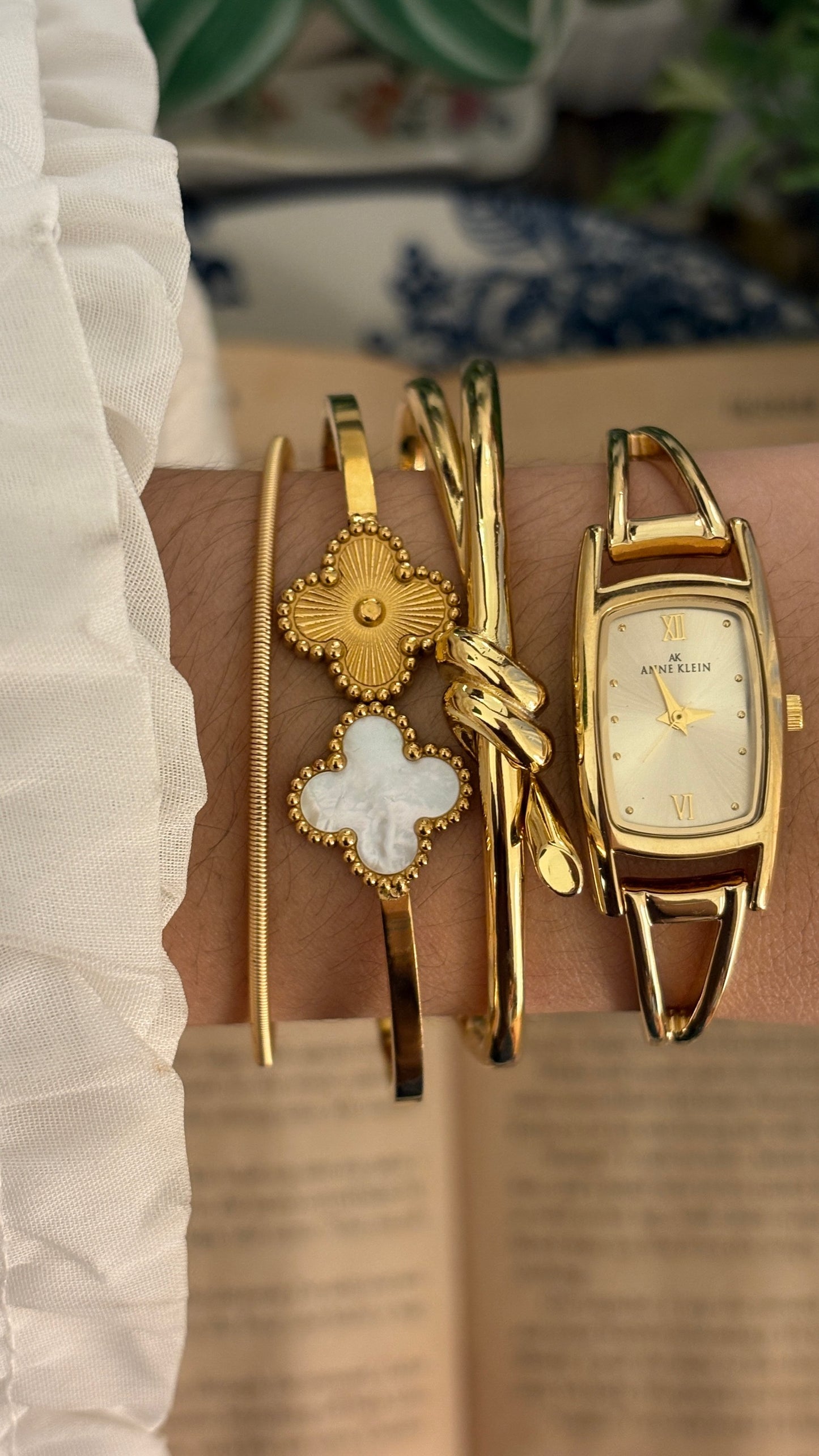 Rare Vintage Anne Klein Tank Hollow Bangle Watch in Gold Tone Quartz