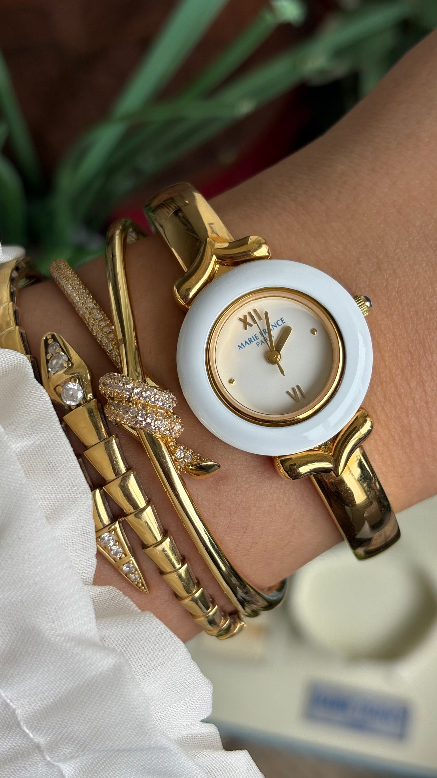 Vintage Marie France Interchangeable Bezel Set Bangle Watch in Gold Tone