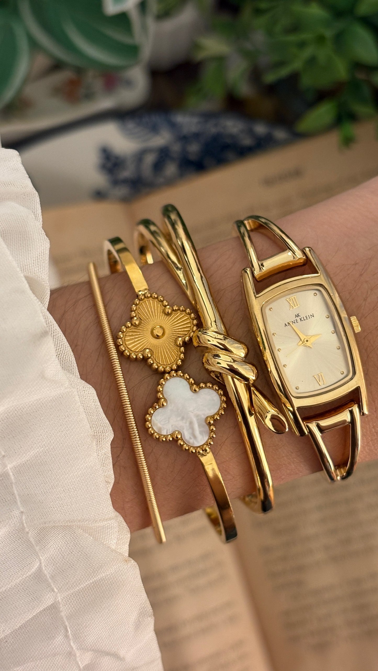Rare Vintage Anne Klein Tank Hollow Bangle Watch in Gold Tone Quartz