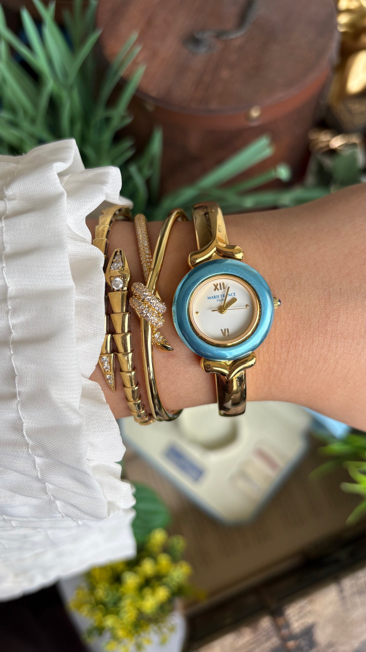 Vintage Marie France Interchangeable Bezel Set Bangle Watch in Gold Tone