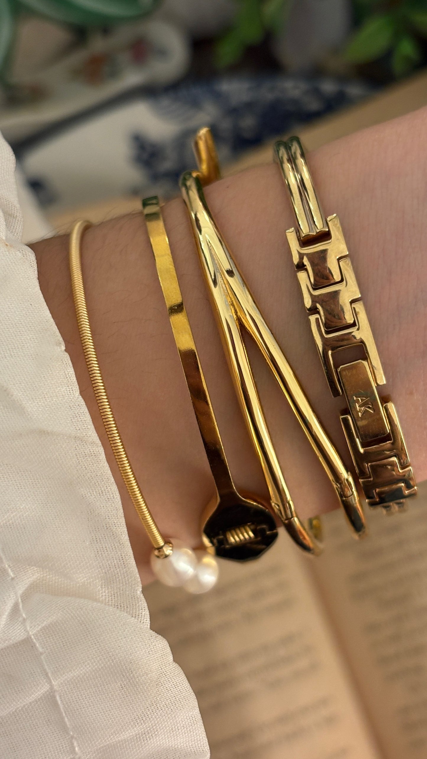 Rare Vintage Anne Klein Tank Hollow Bangle Watch in Gold Tone Quartz