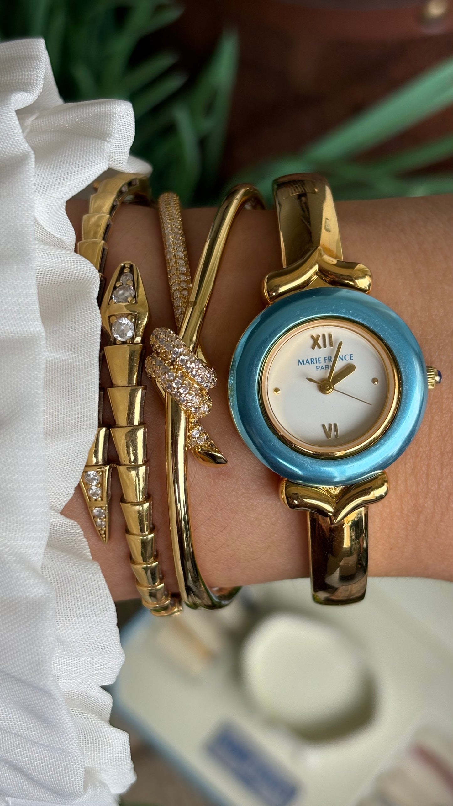 Vintage Marie France Interchangeable Bezel Set Bangle Watch in Gold Tone