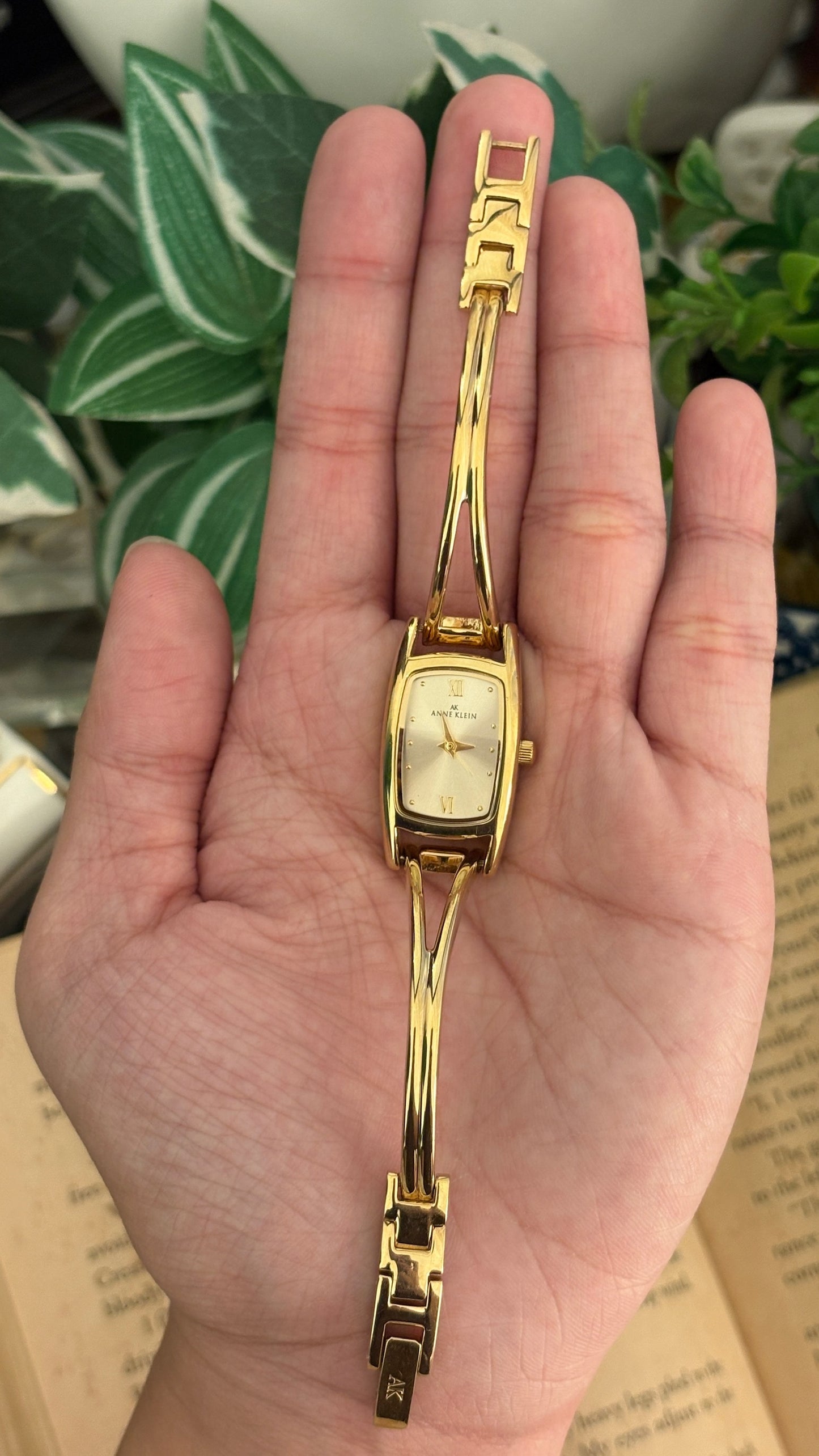 Rare Vintage Anne Klein Tank Hollow Bangle Watch in Gold Tone Quartz