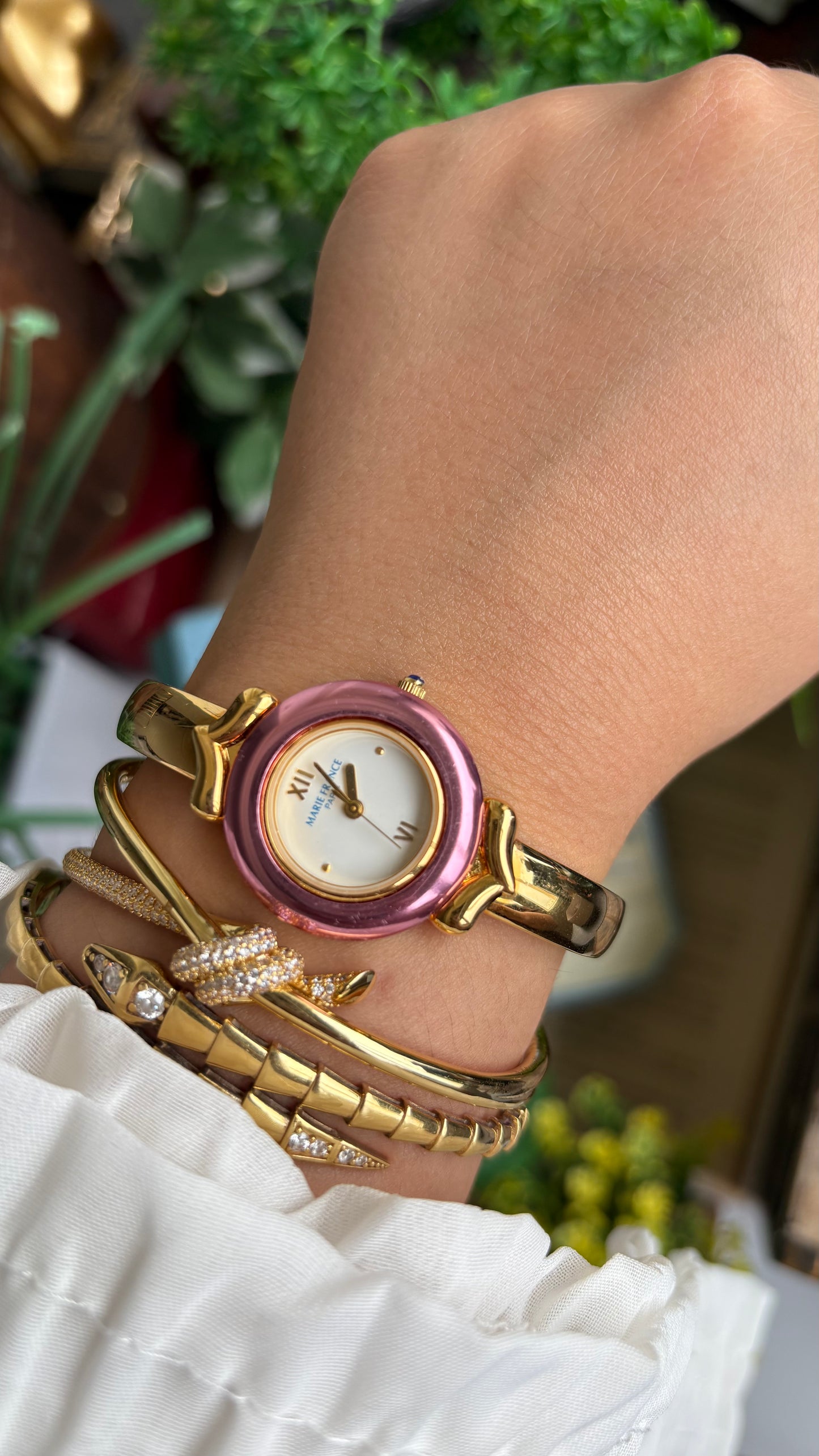 Vintage Marie France Interchangeable Bezel Set Bangle Watch in Gold Tone