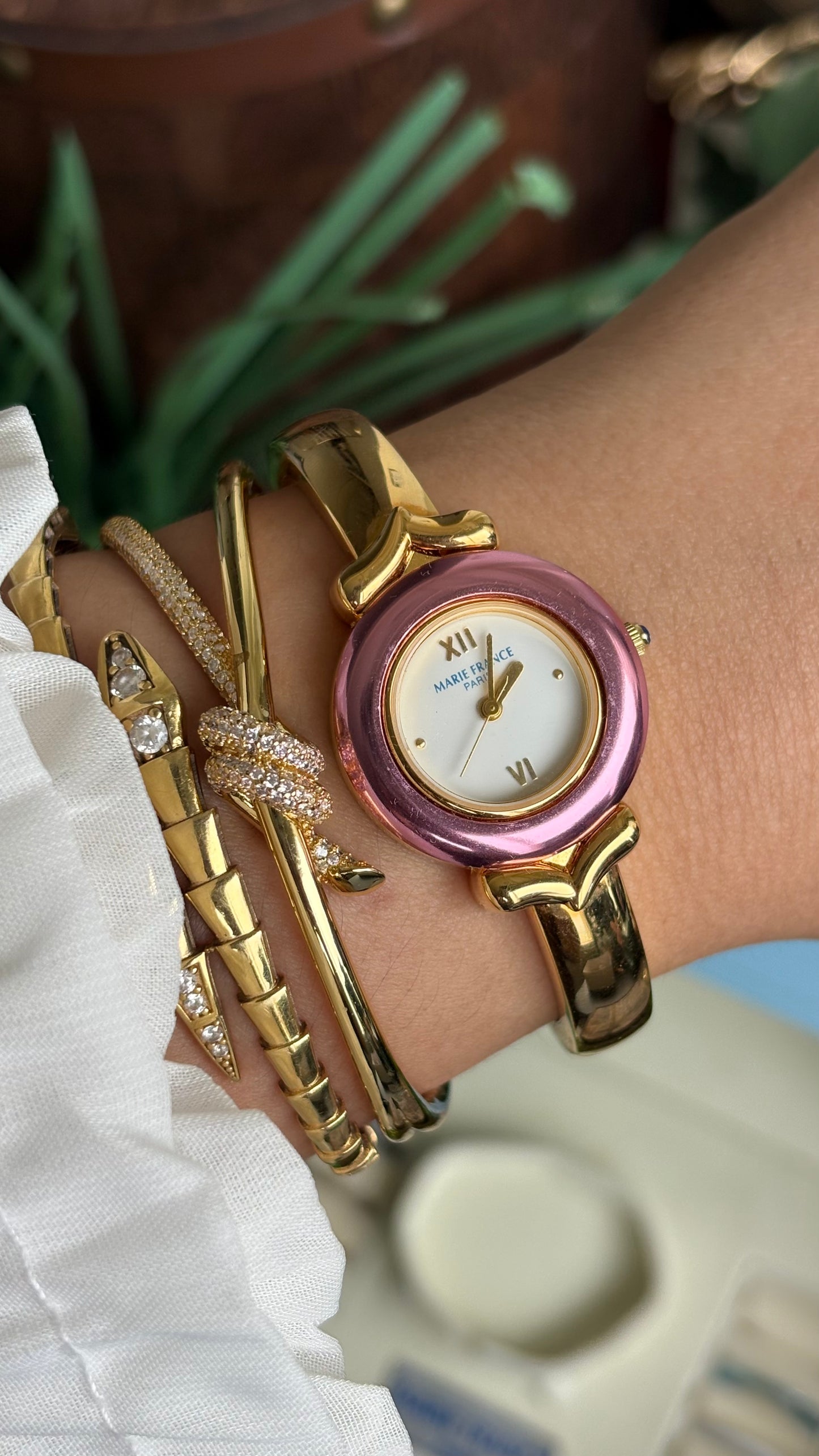 Vintage Marie France Interchangeable Bezel Set Bangle Watch in Gold Tone