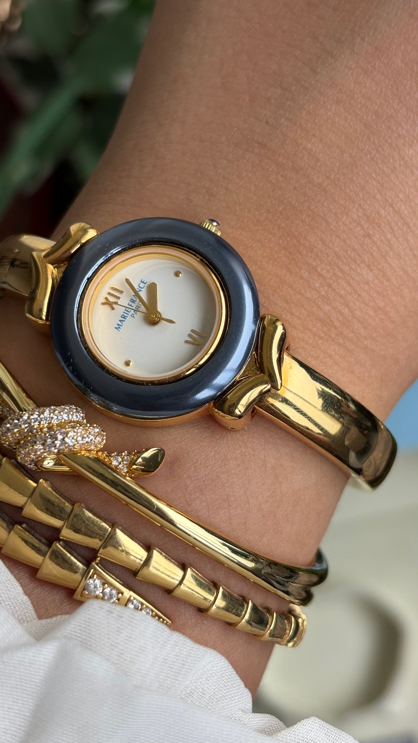 Vintage Marie France Interchangeable Bezel Set Bangle Watch in Gold Tone