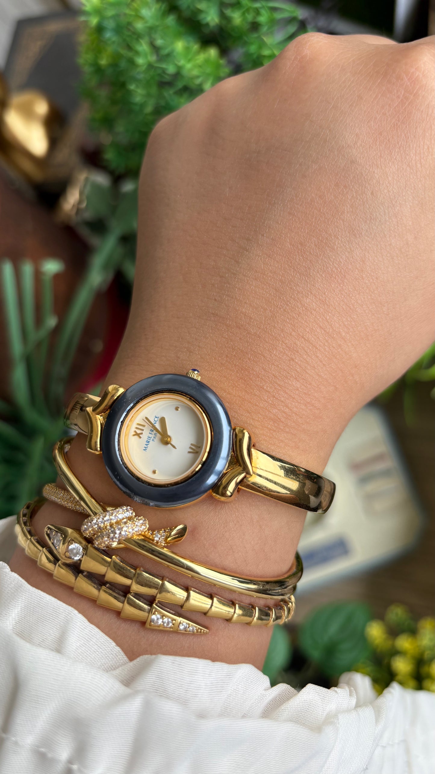 Vintage Marie France Interchangeable Bezel Set Bangle Watch in Gold Tone