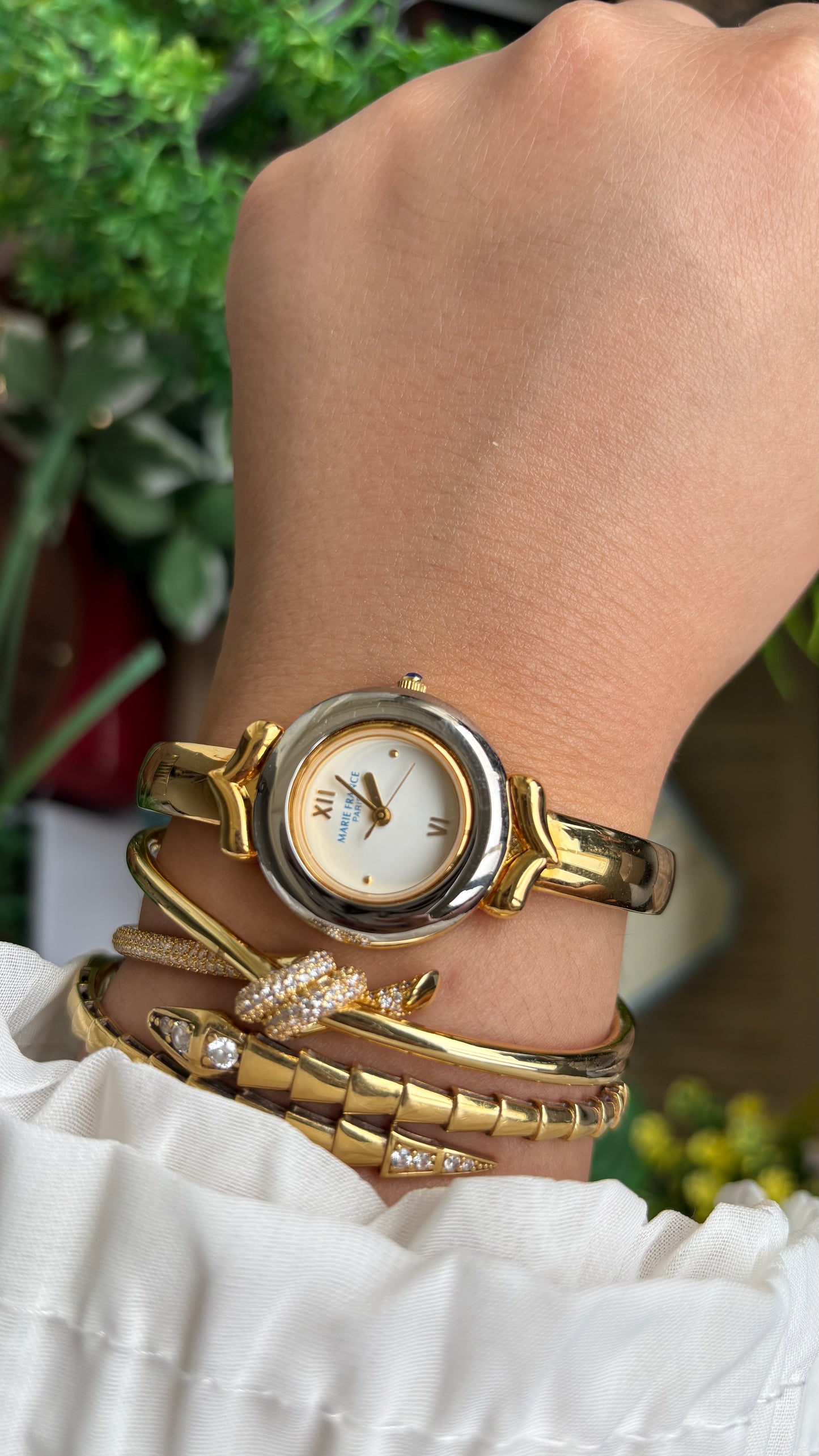 Vintage Marie France Interchangeable Bezel Set Bangle Watch in Gold Tone