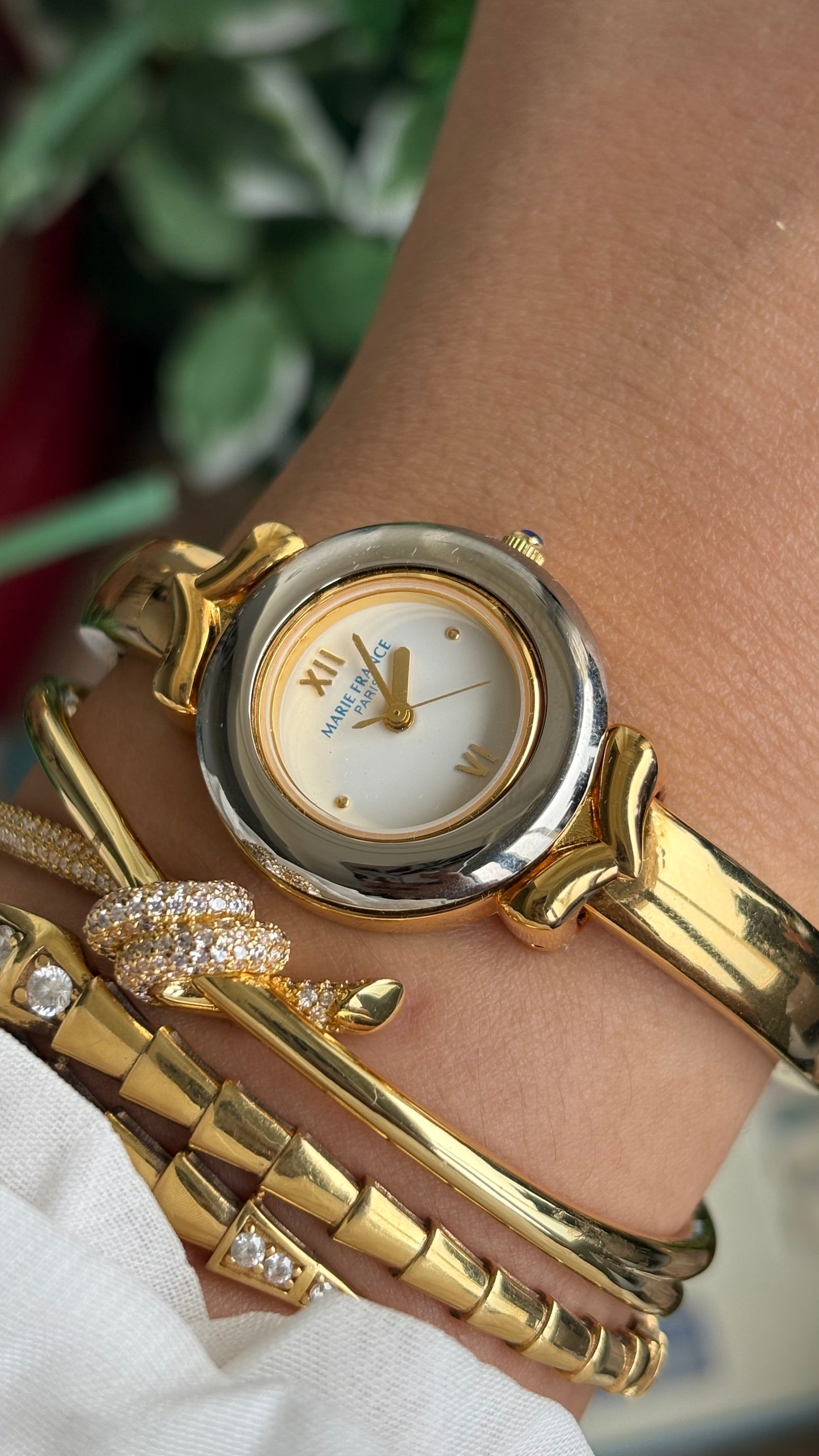 Vintage Marie France Interchangeable Bezel Set Bangle Watch in Gold Tone