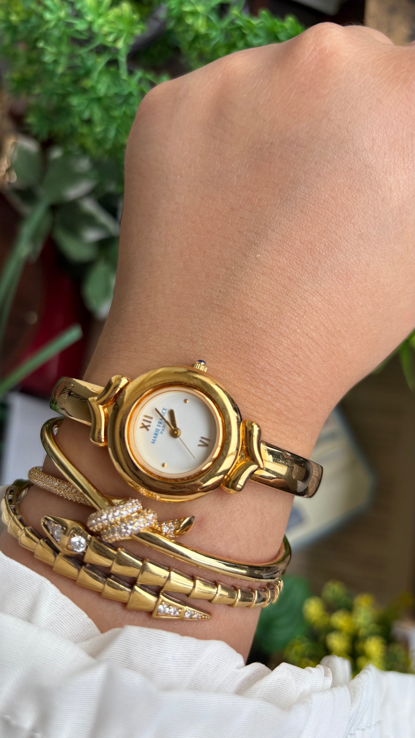 Vintage Marie France Interchangeable Bezel Set Bangle Watch in Gold Tone
