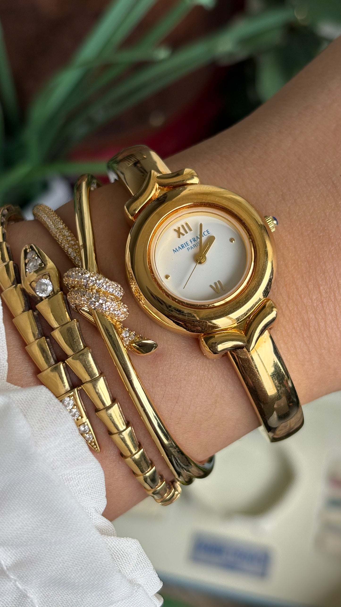 Vintage Marie France Interchangeable Bezel Set Bangle Watch in Gold Tone