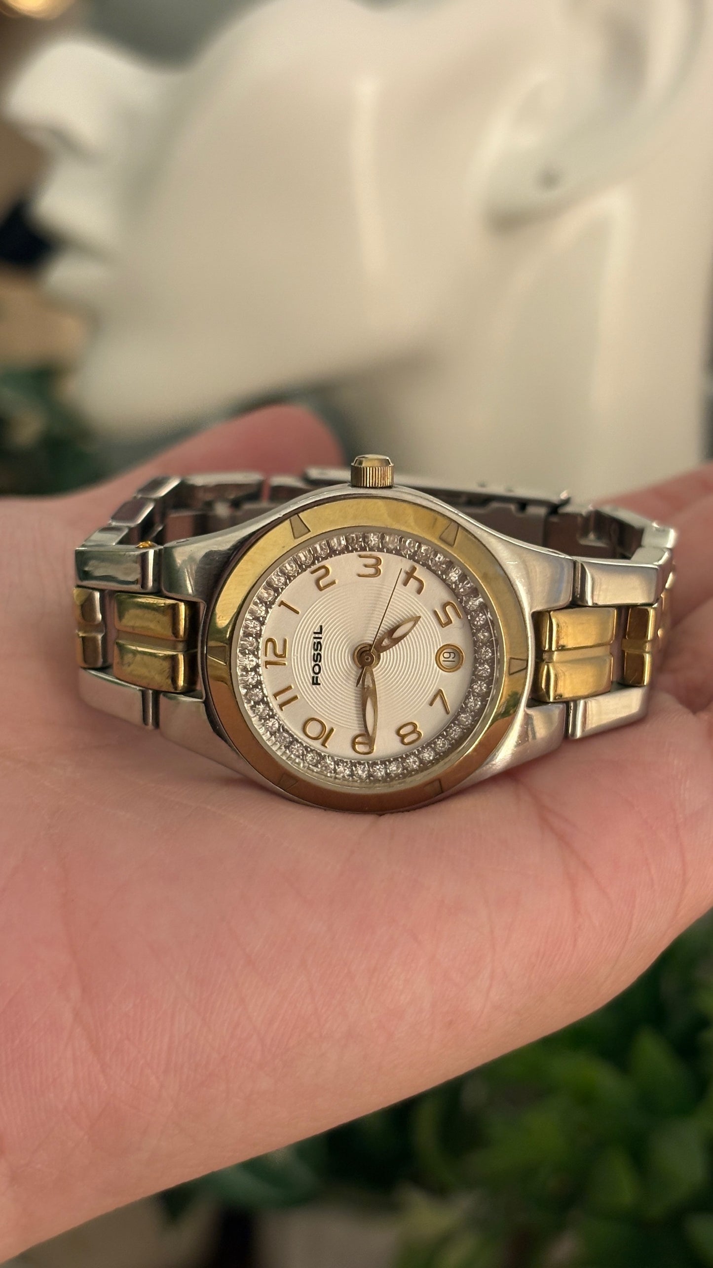 Vintage Fossil Rhinestone Lined Dial with Date Window Watch in Two-Tone Quartz