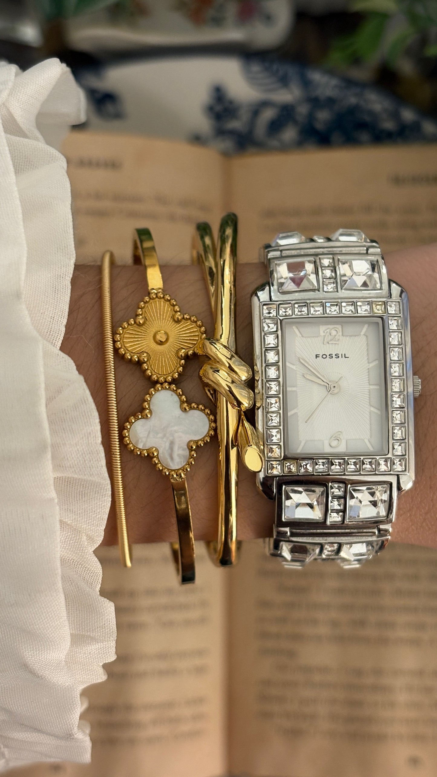 Rare Vintage Fossil Bejeweled Tank Watch in Silver Tone Quartz