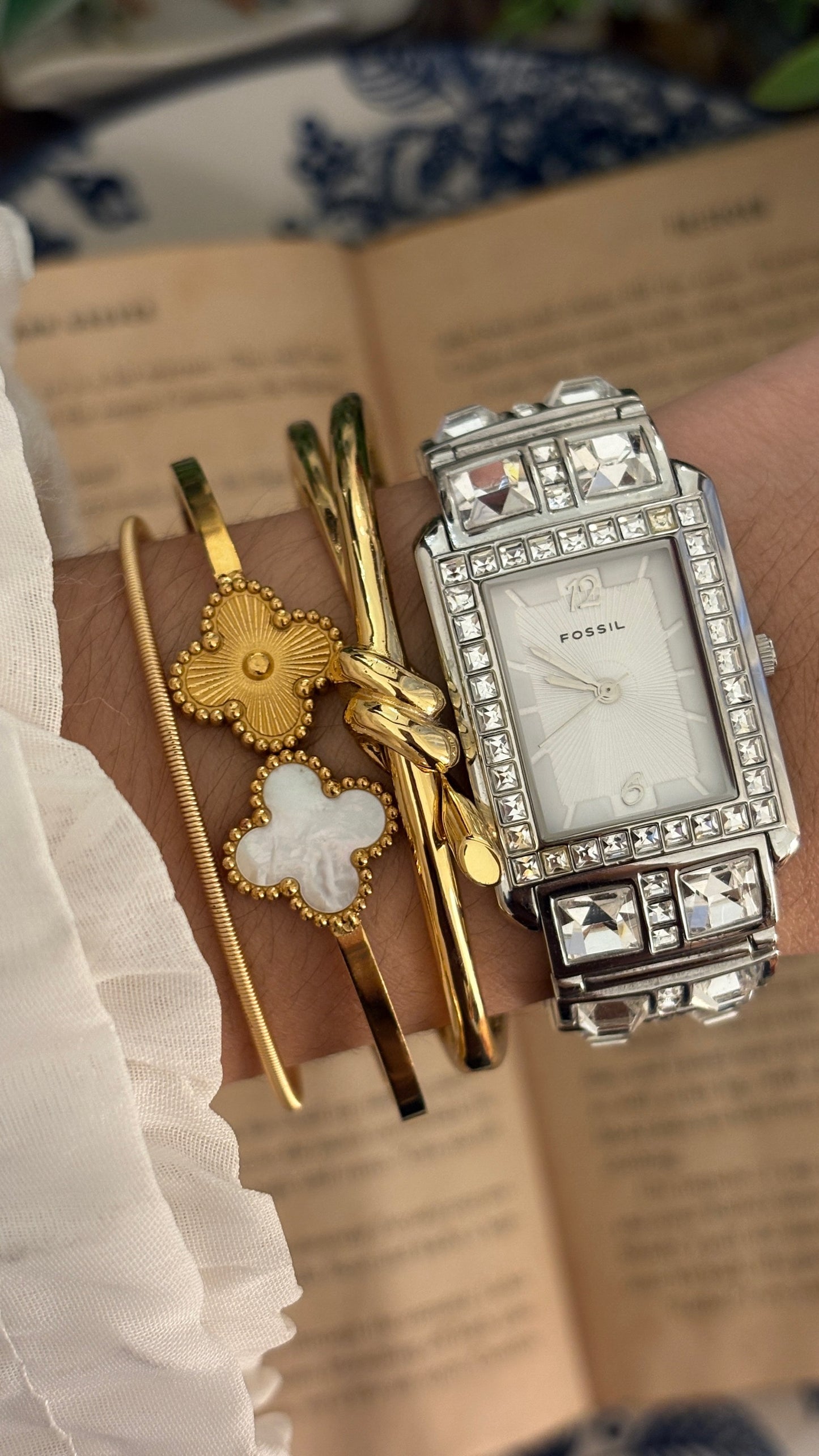 Rare Vintage Fossil Bejeweled Tank Watch in Silver Tone Quartz