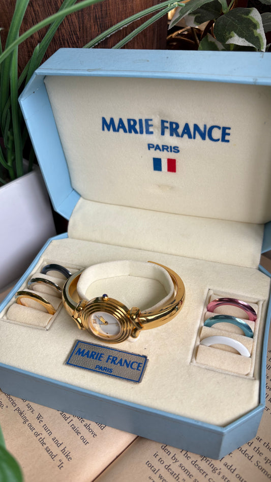 Vintage Marie France Interchangeable Bezel Set Bangle Watch in Gold Tone