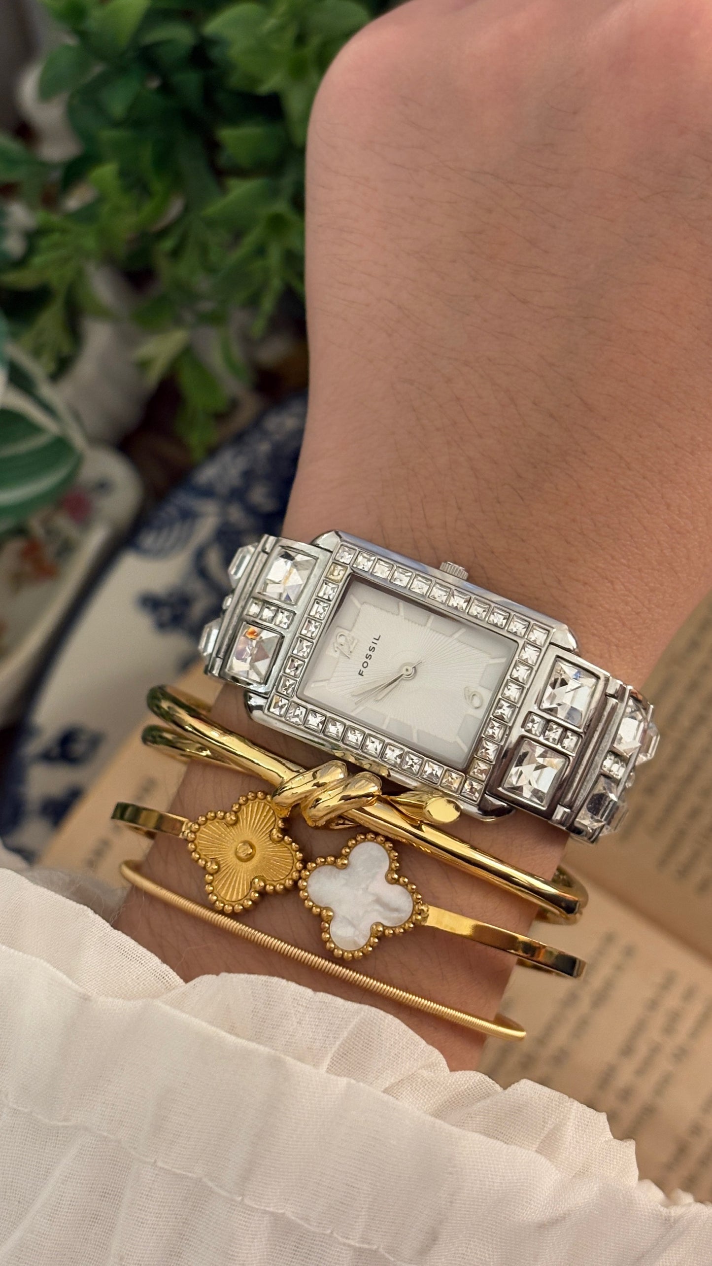 Rare Vintage Fossil Bejeweled Tank Watch in Silver Tone Quartz