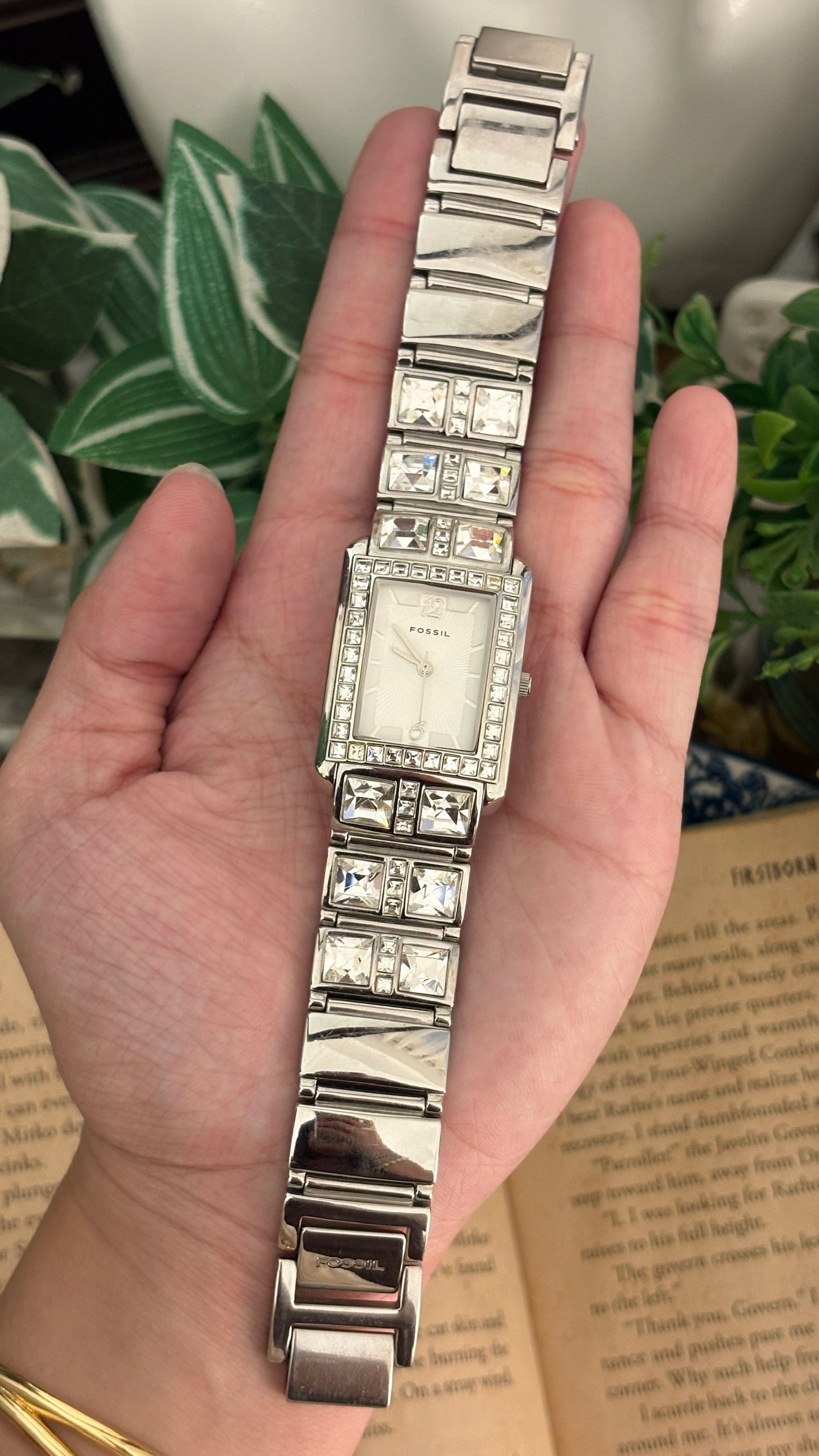 Rare Vintage Fossil Bejeweled Tank Watch in Silver Tone Quartz