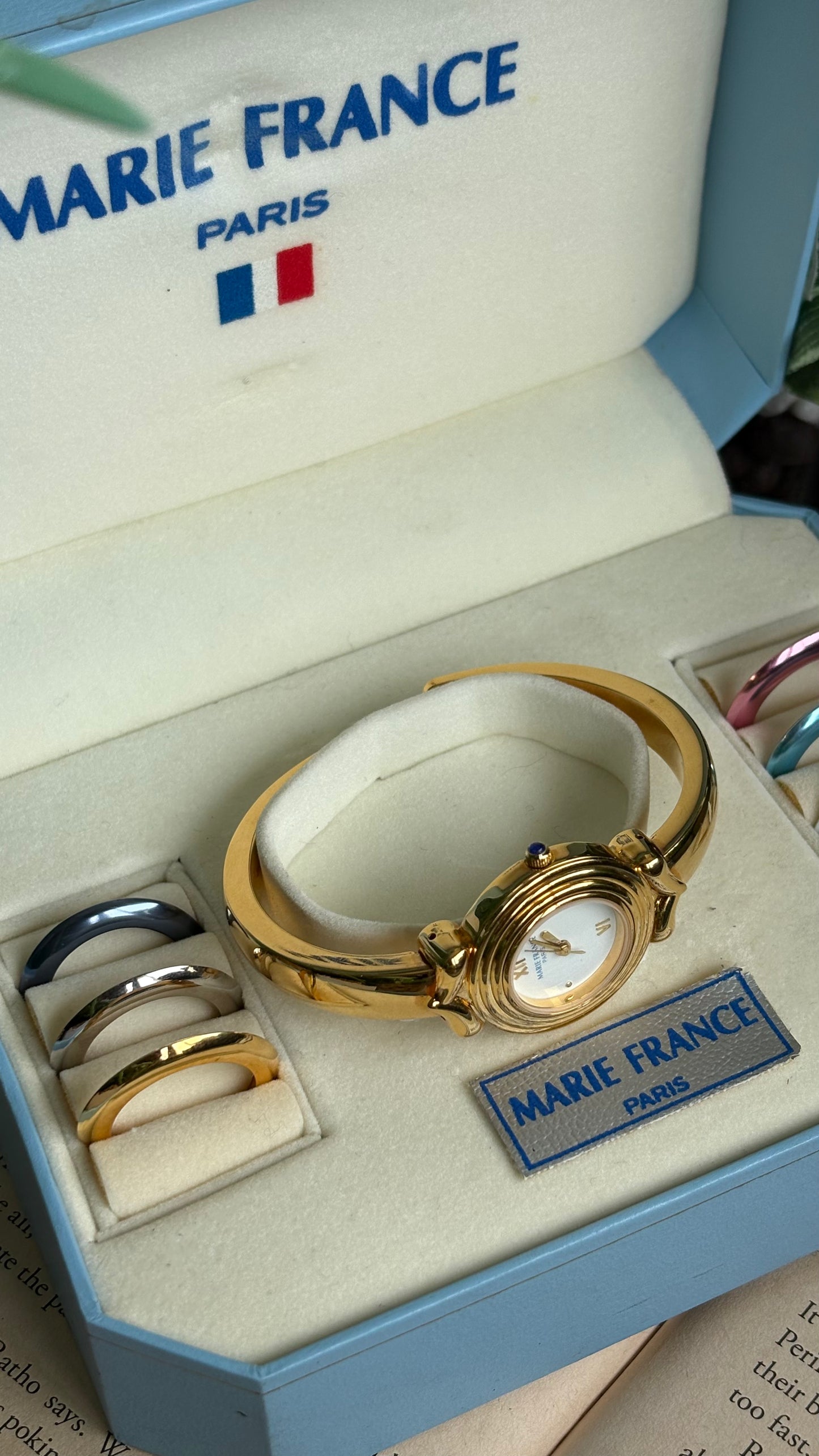 Vintage Marie France Interchangeable Bezel Set Bangle Watch in Gold Tone