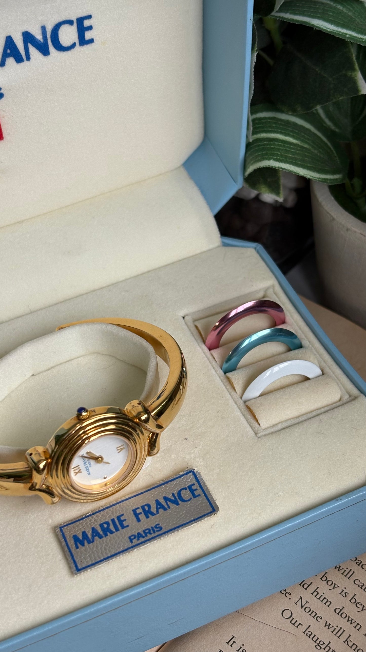 Vintage Marie France Interchangeable Bezel Set Bangle Watch in Gold Tone