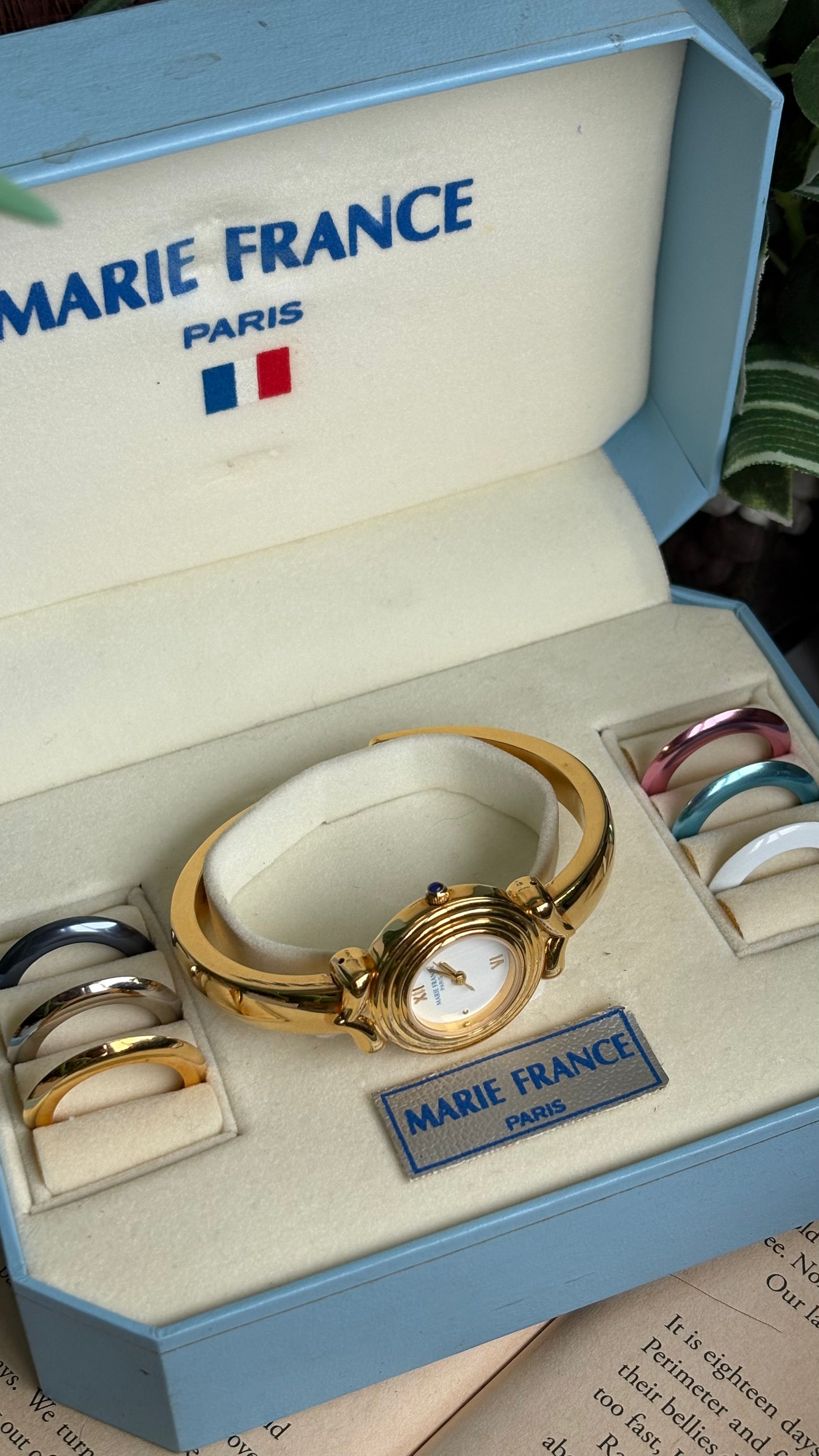 Vintage Marie France Interchangeable Bezel Set Bangle Watch in Gold Tone