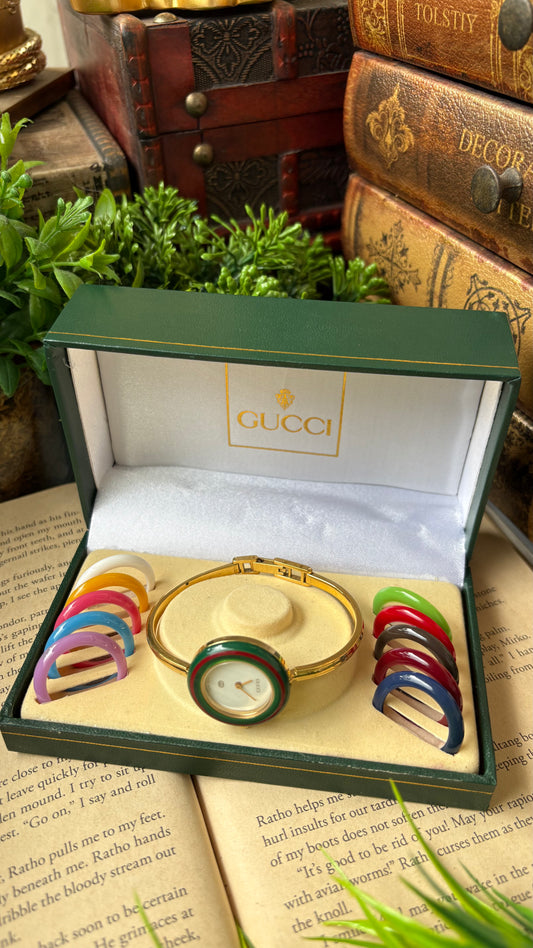 Extremely Rare Vintage Gucci 1100L Interchangeable Cherry Line Bezel Set Bangle Watch in Gold Tone