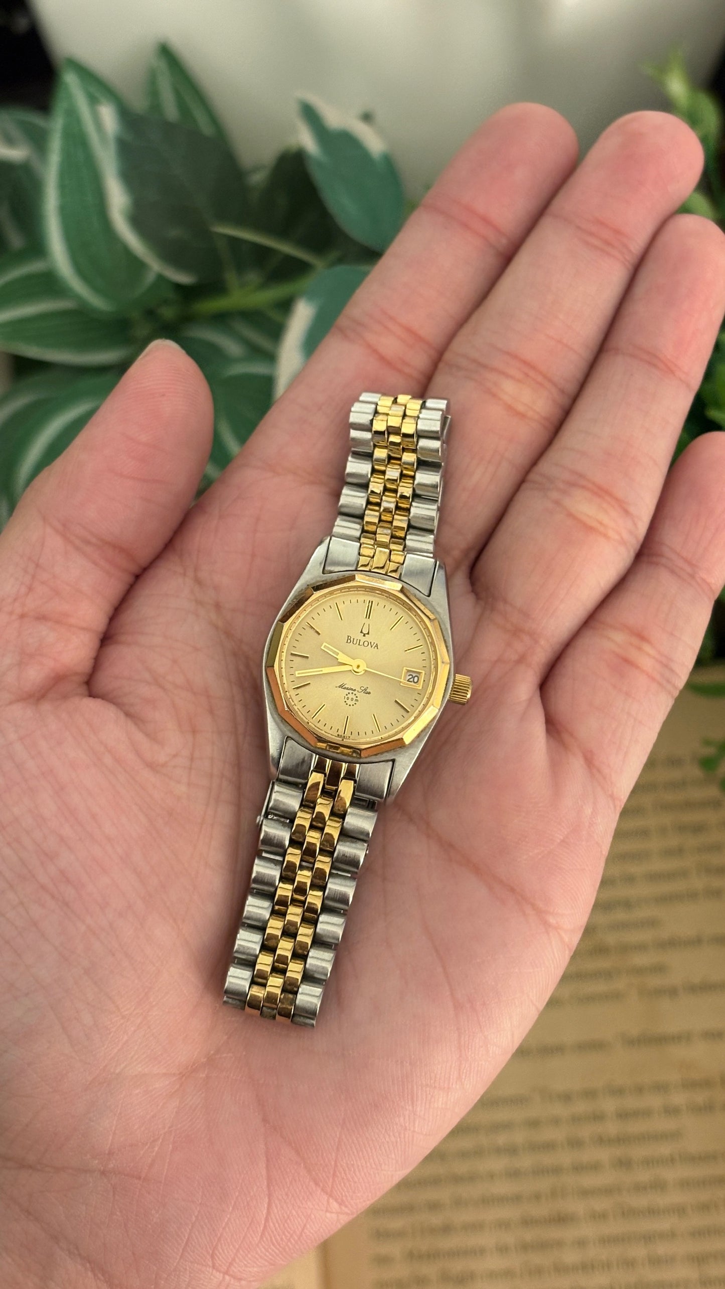 Rare Vintage Bulova Beveled Bezel Classic Watch with Date Window in Two-Tone Quartz