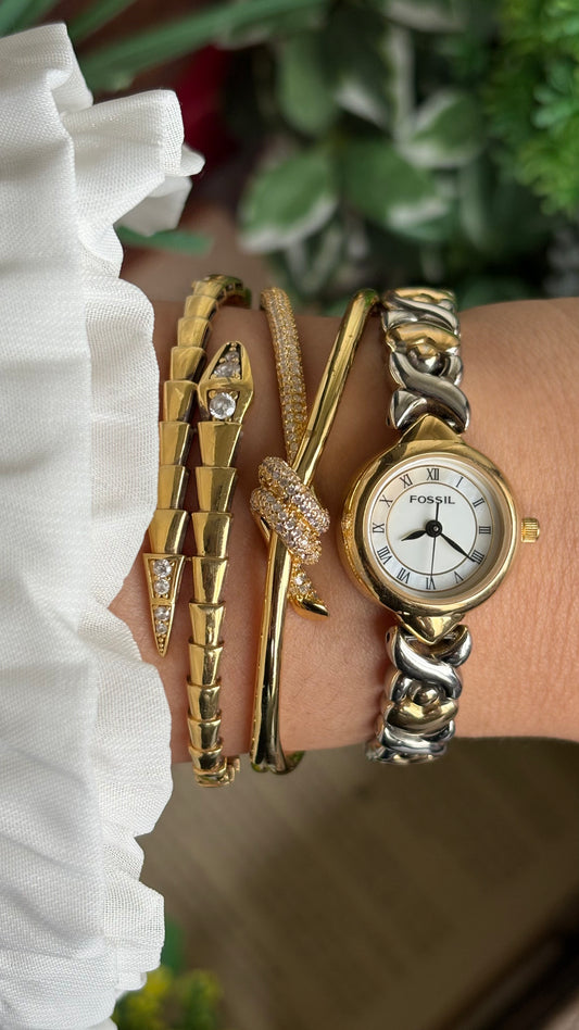 Vintage Fossil Watch in Two-Tone Roman Pearl Dial Heart Straps