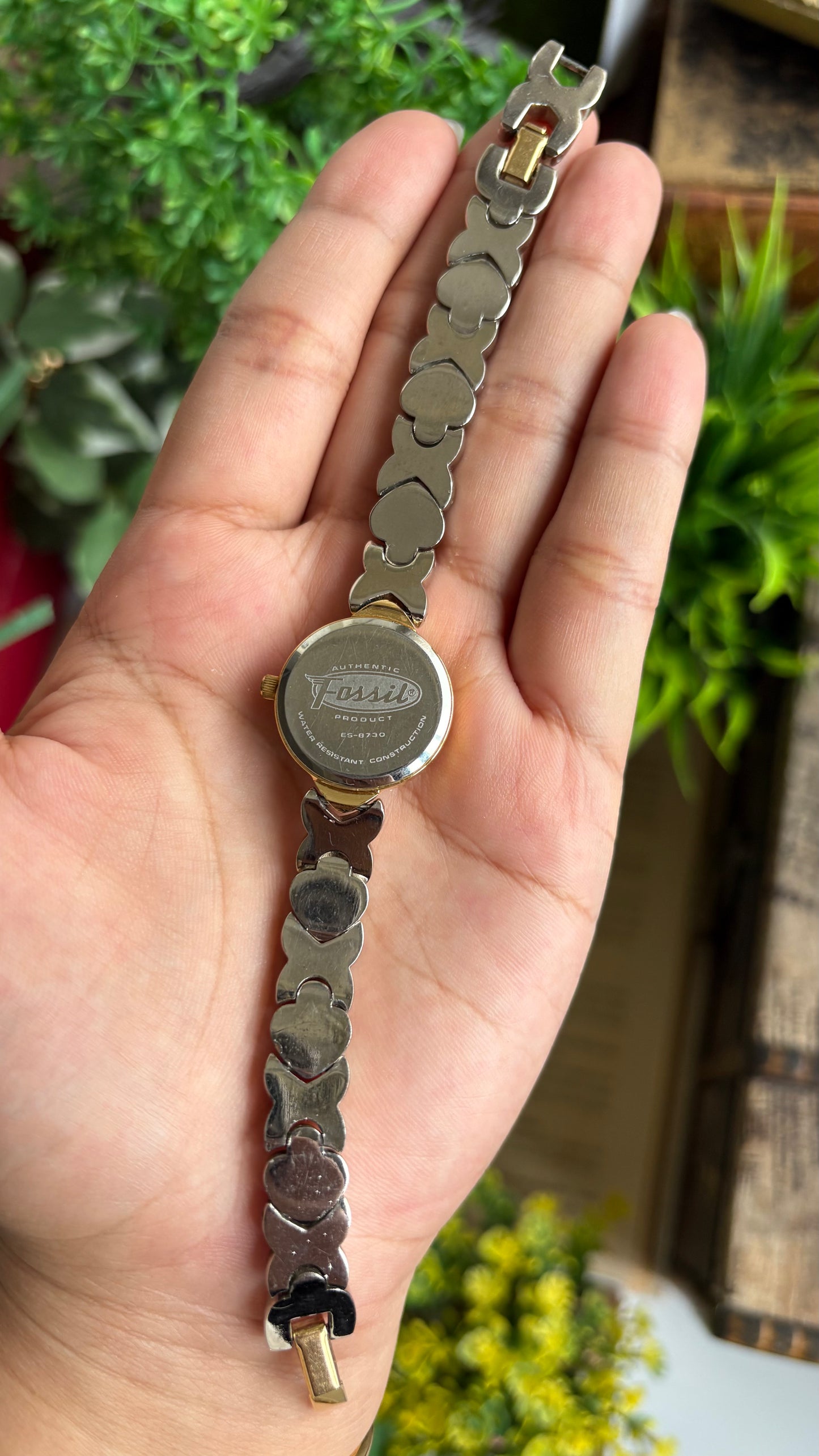 Vintage Fossil Watch in Two-Tone Roman Pearl Dial Heart Straps