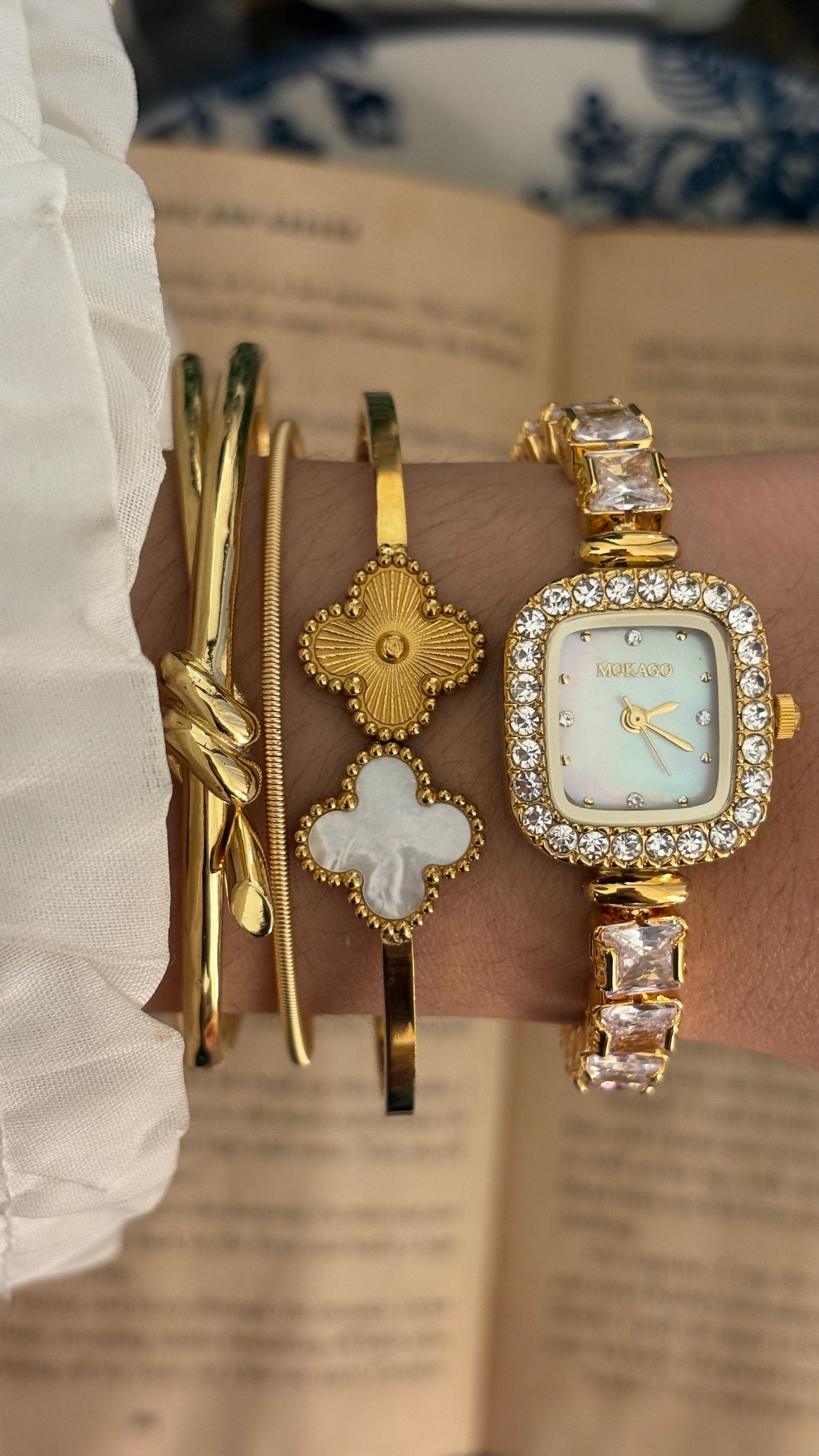 Vintage Mokago Bejeweled Tennis Bracelet Watch in Gold Tone Quartz