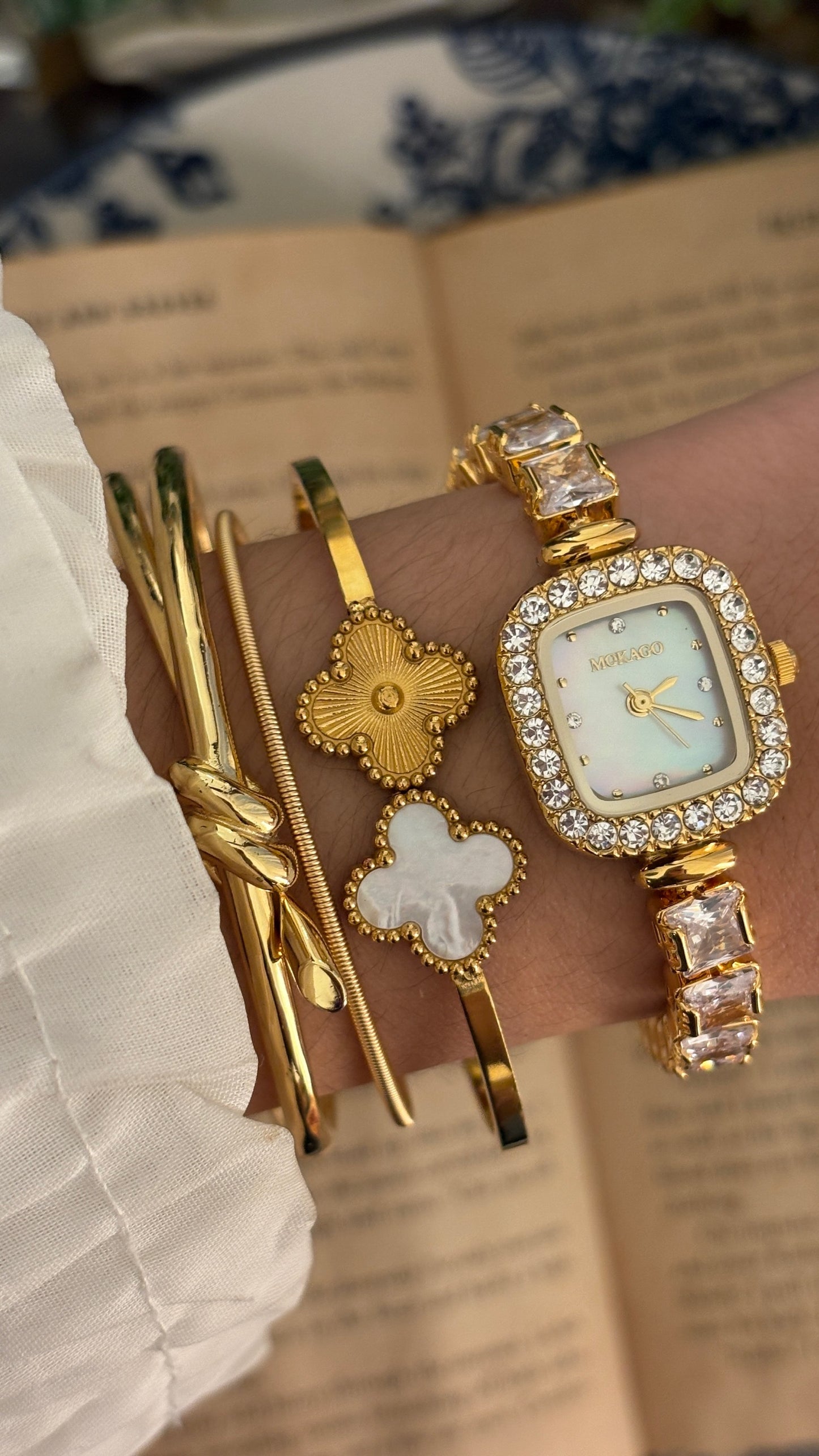 Vintage Mokago Bejeweled Tennis Bracelet Watch in Gold Tone Quartz