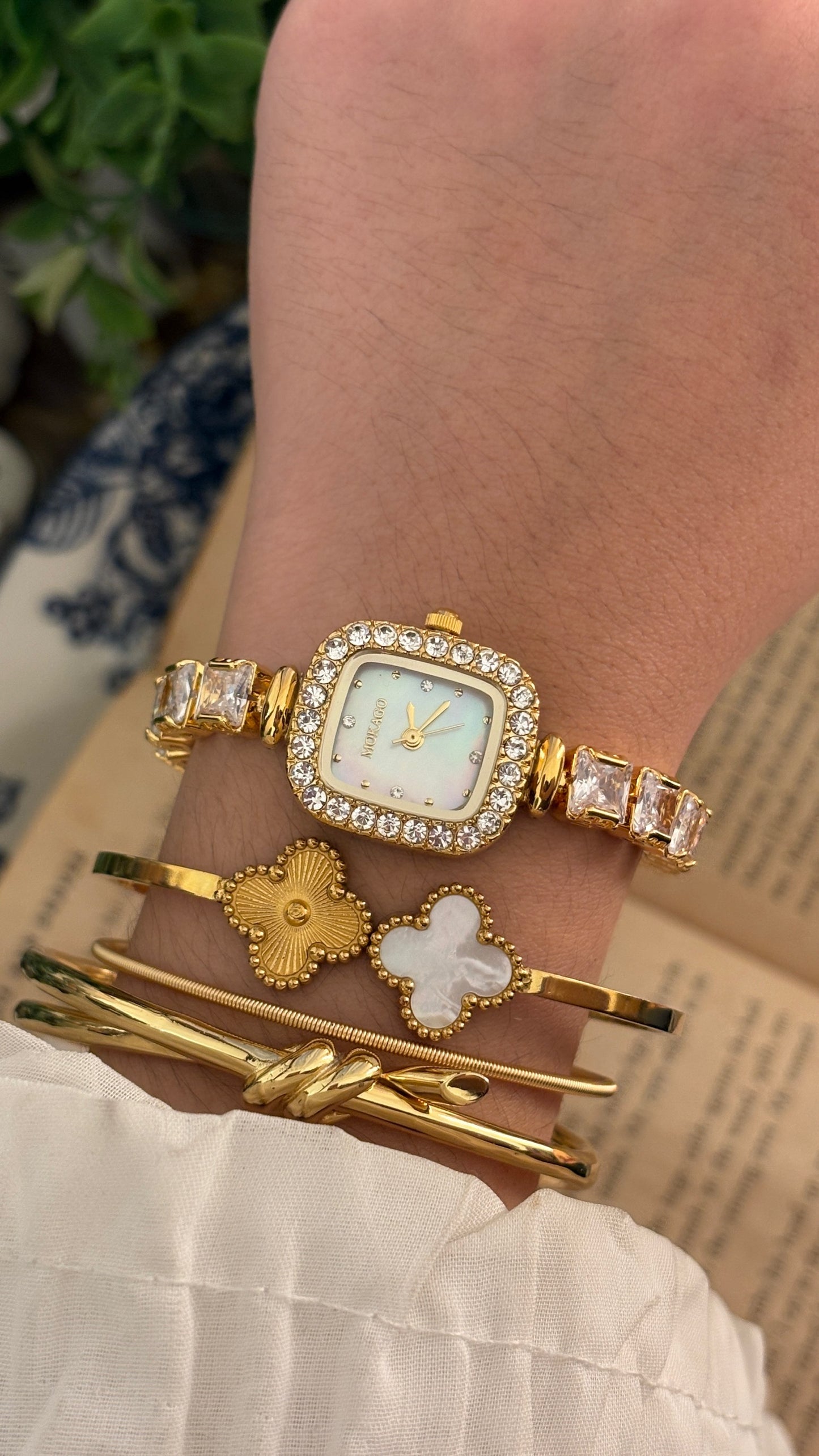 Vintage Mokago Bejeweled Tennis Bracelet Watch in Gold Tone Quartz