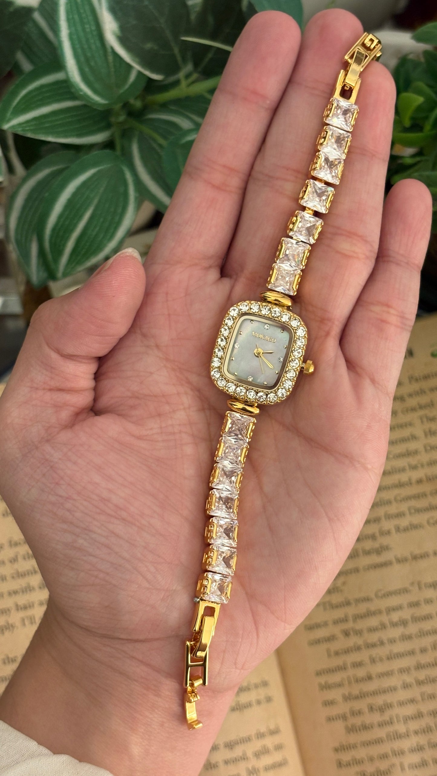Vintage Mokago Bejeweled Tennis Bracelet Watch in Gold Tone Quartz