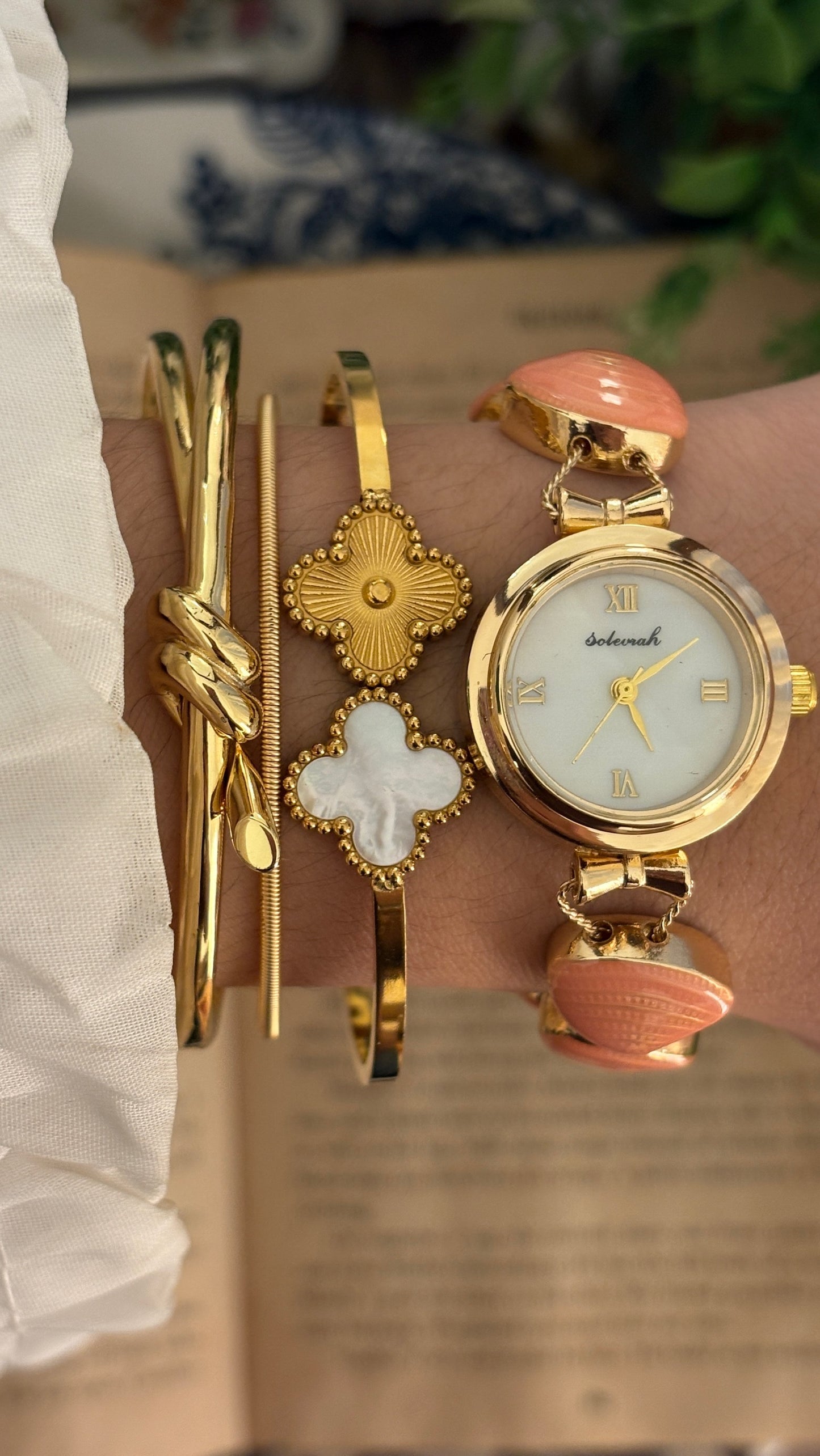 Rare Vintage Solecnah Mother of Pearl Dial Shell Bracelet Watch in Gold Tone Quartz