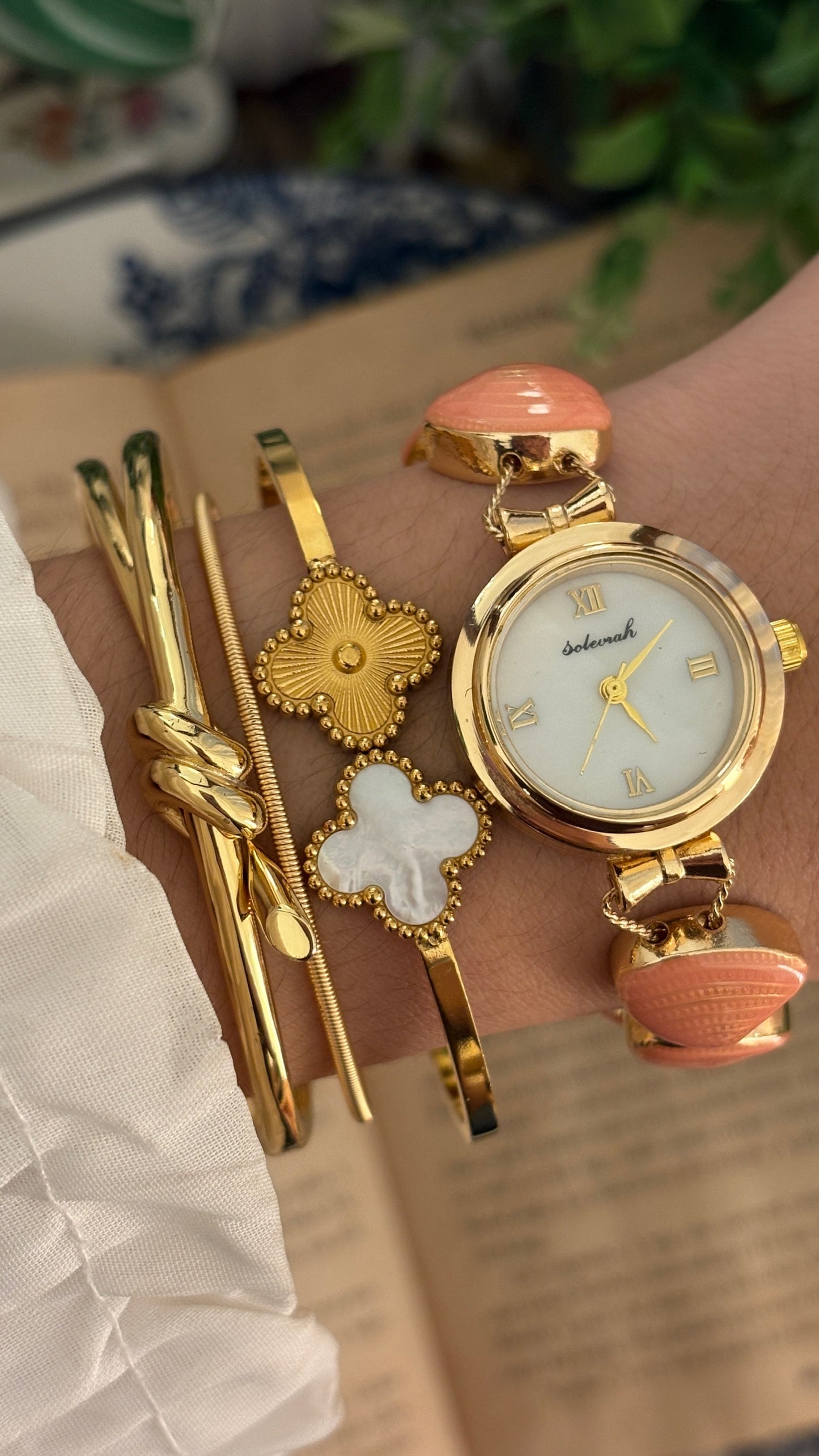 Rare Vintage Solecnah Mother of Pearl Dial Shell Bracelet Watch in Gold Tone Quartz