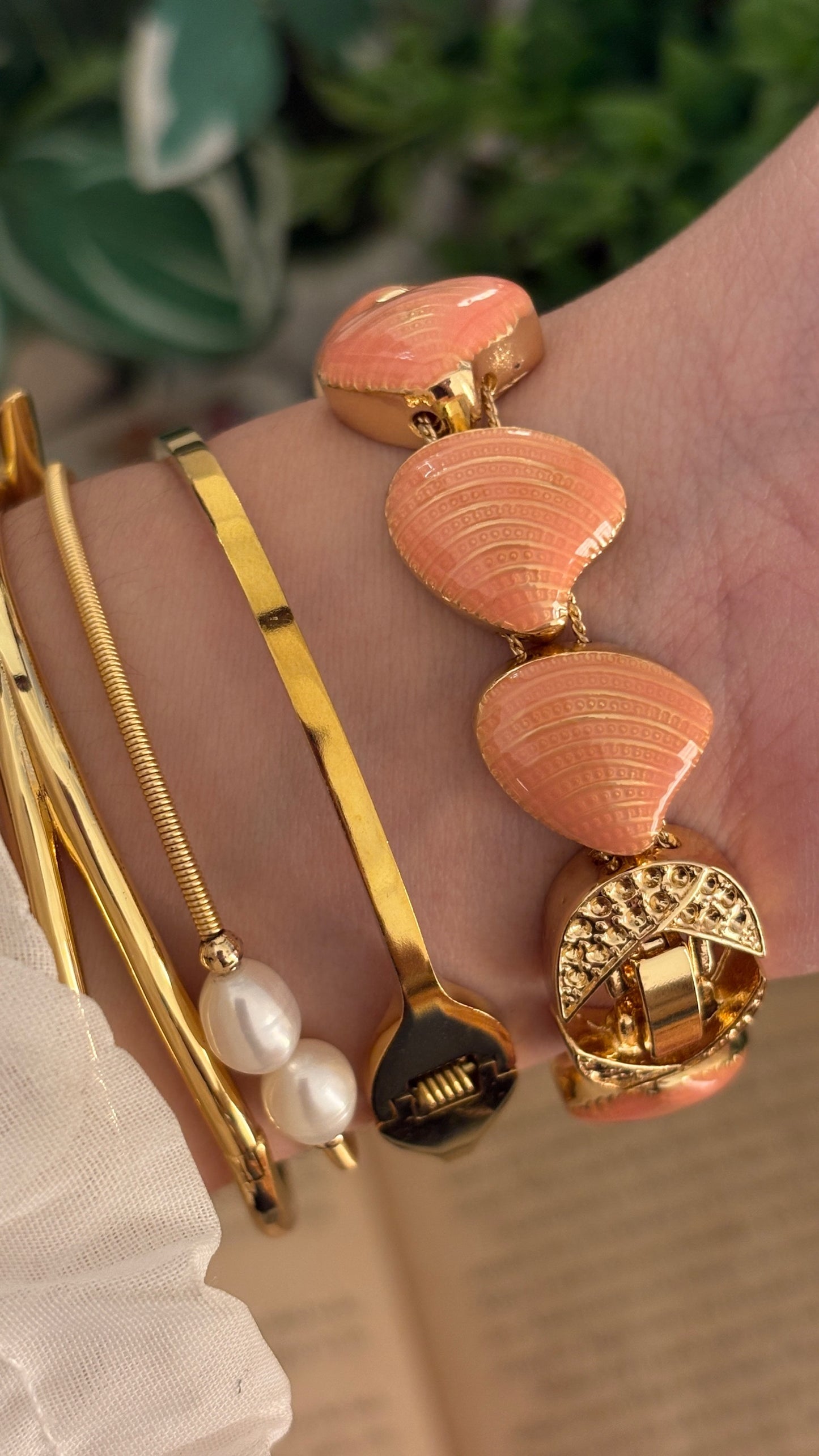 Rare Vintage Solecnah Mother of Pearl Dial Shell Bracelet Watch in Gold Tone Quartz