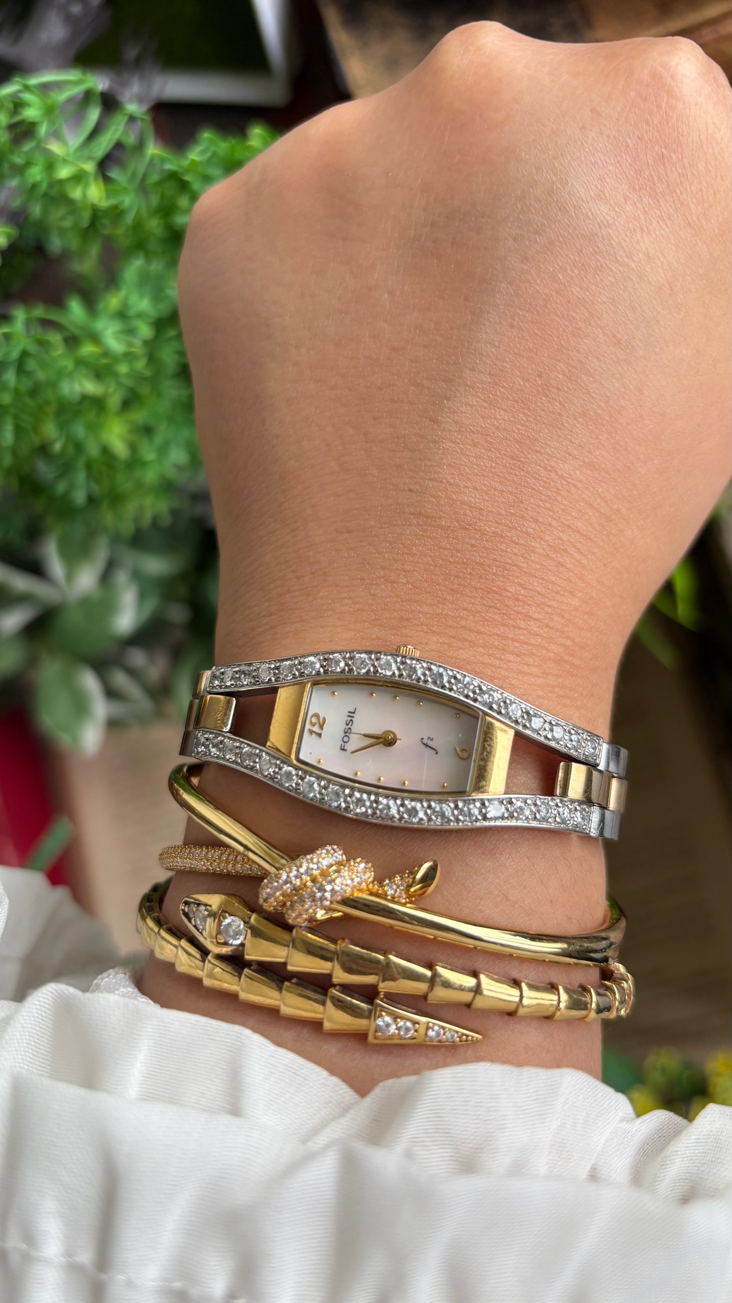 Vintage Fossil Bejeweled Watch in Two-Tone Pearl Dial