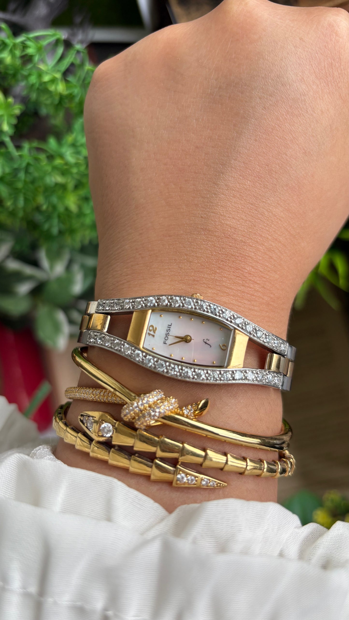 Vintage Fossil Bejeweled Watch in Two-Tone Pearl Dial