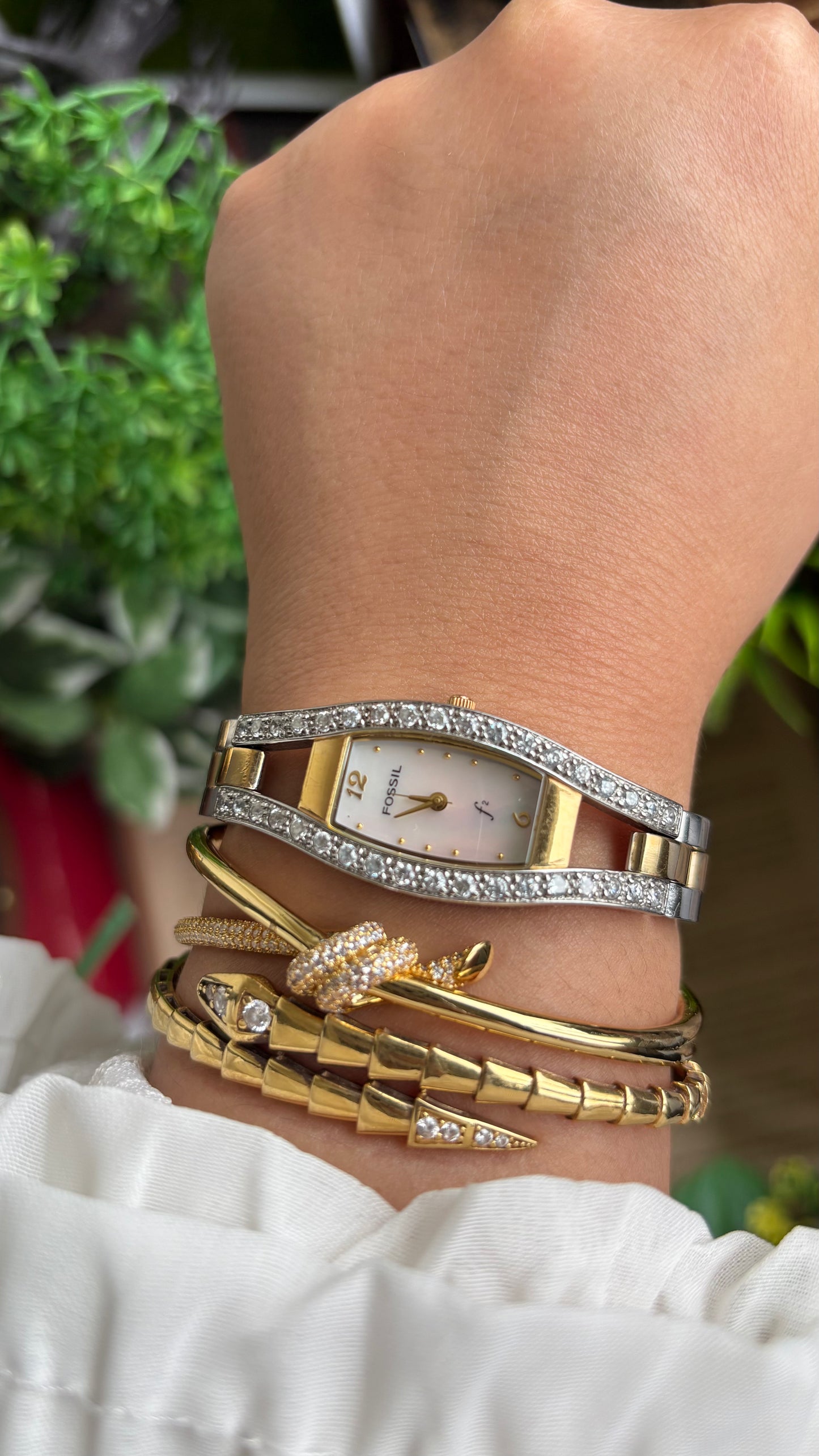 Vintage Fossil Bejeweled Watch in Two-Tone Pearl Dial