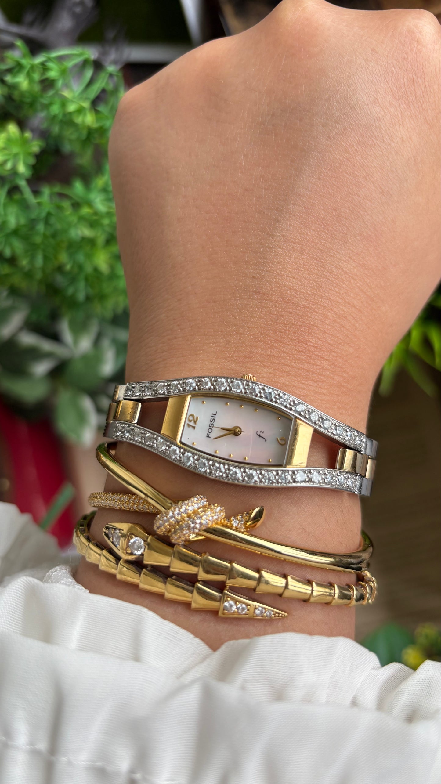 Vintage Fossil Bejeweled Watch in Two-Tone Pearl Dial