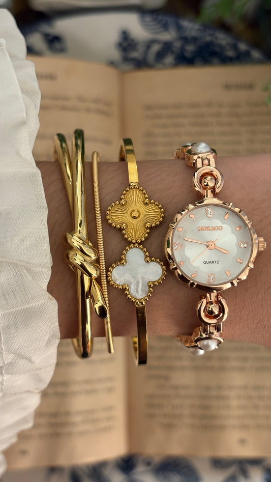 Vintage Mokago Diacut Glass Elegant Pearl Bracelet Watch in Rose Gold Tone Quartz