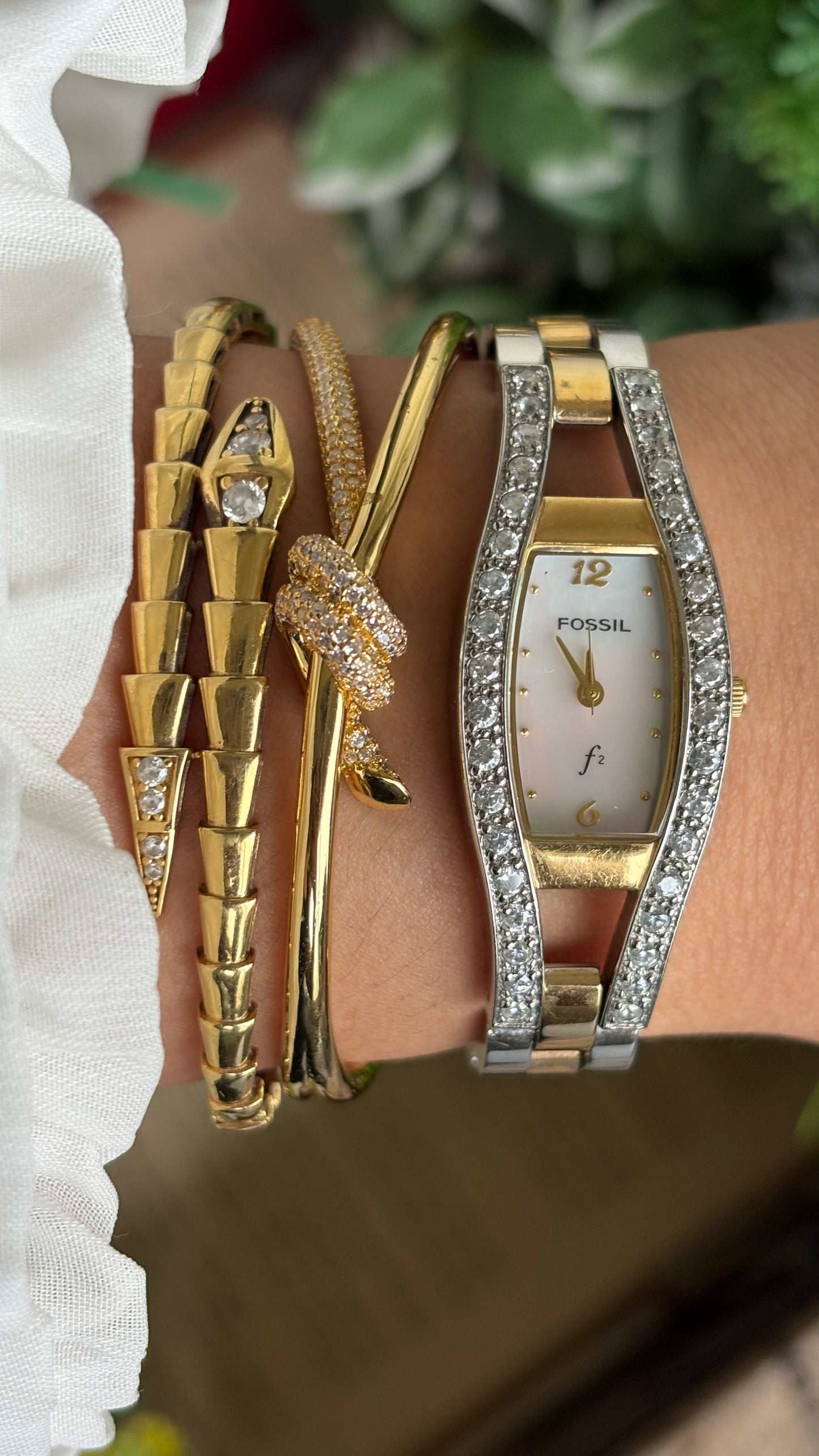 Vintage Fossil Bejeweled Watch in Two-Tone Pearl Dial
