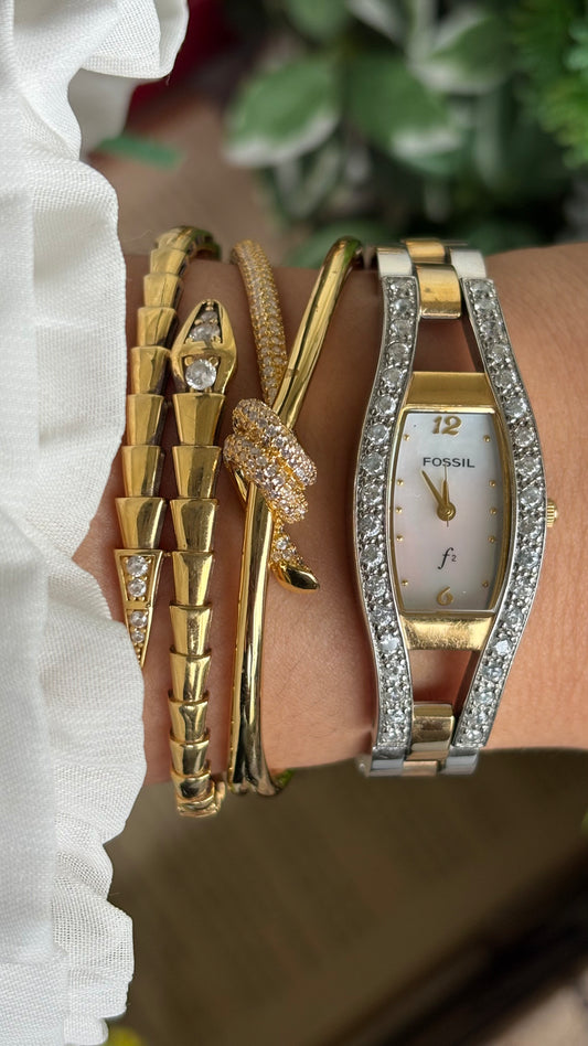 Vintage Fossil Bejeweled Watch in Two-Tone Pearl Dial