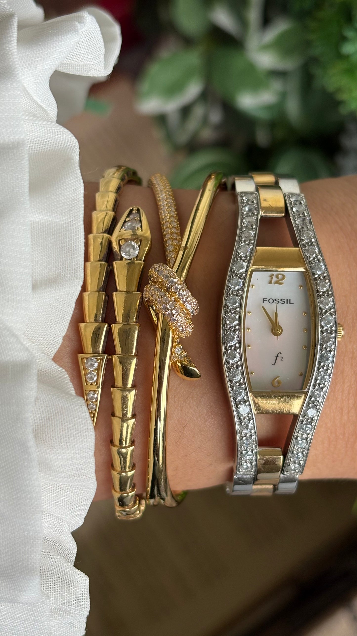 Vintage Fossil Bejeweled Watch in Two-Tone Pearl Dial