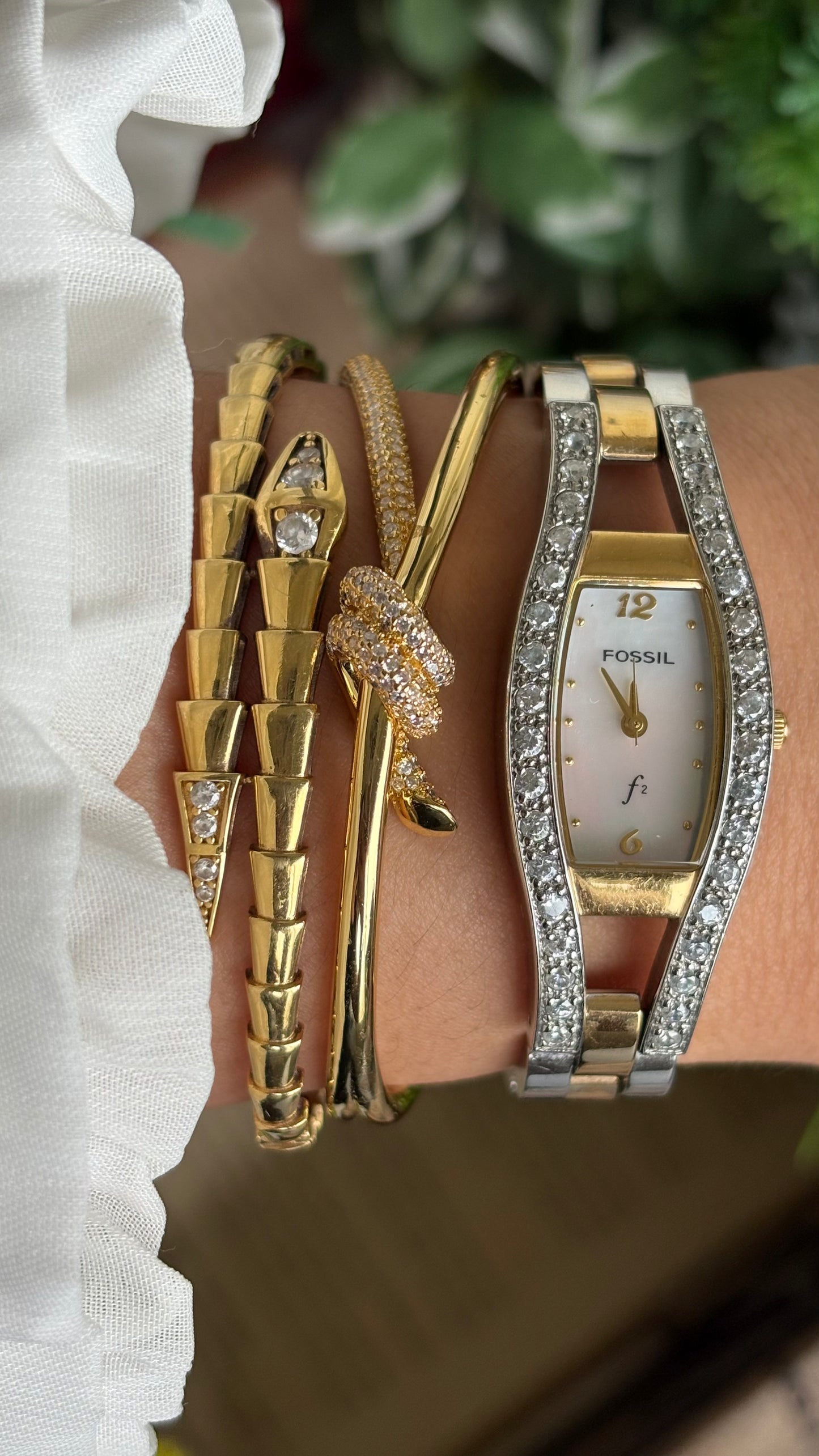 Vintage Fossil Bejeweled Watch in Two-Tone Pearl Dial