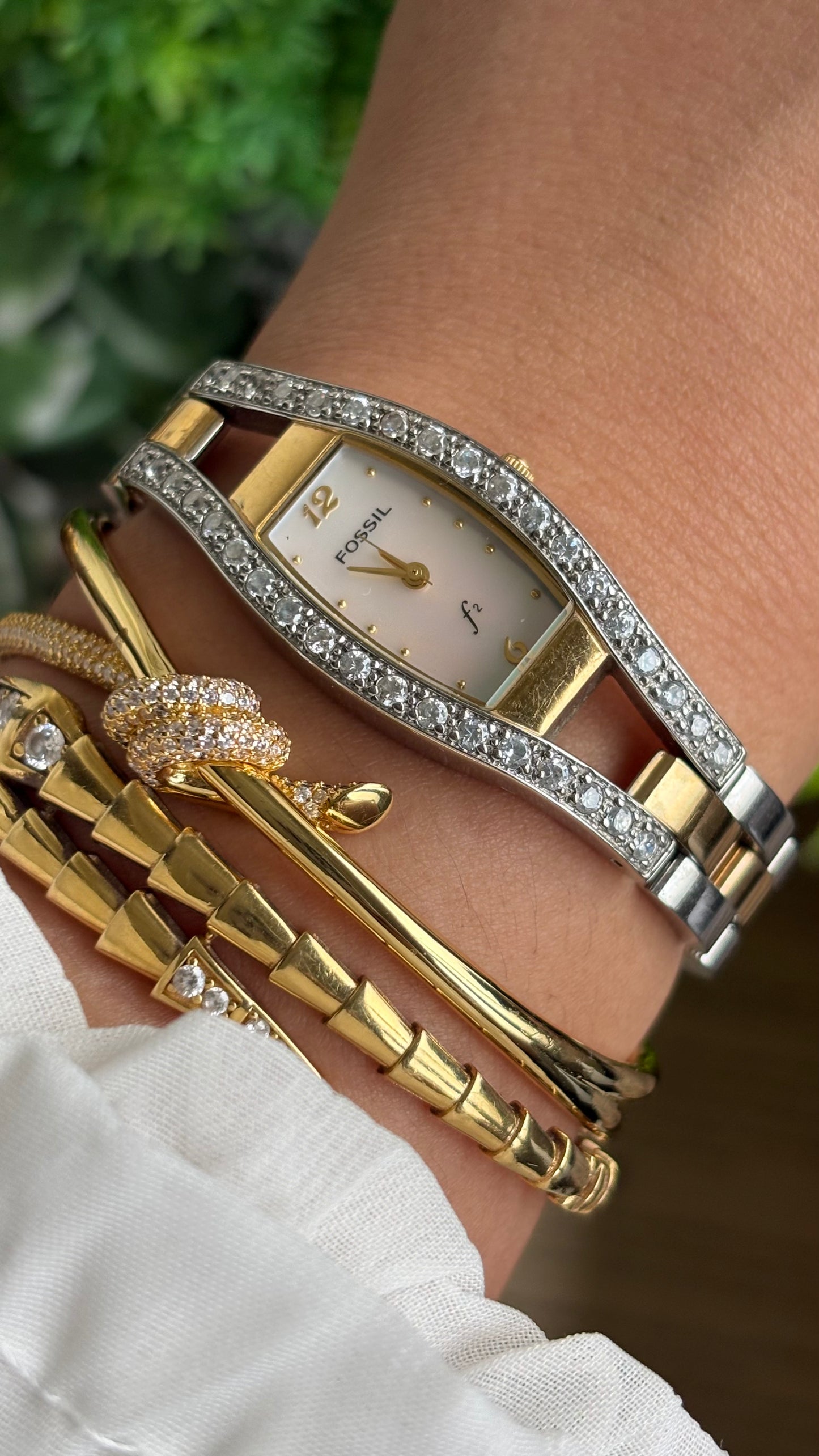 Vintage Fossil Bejeweled Watch in Two-Tone Pearl Dial