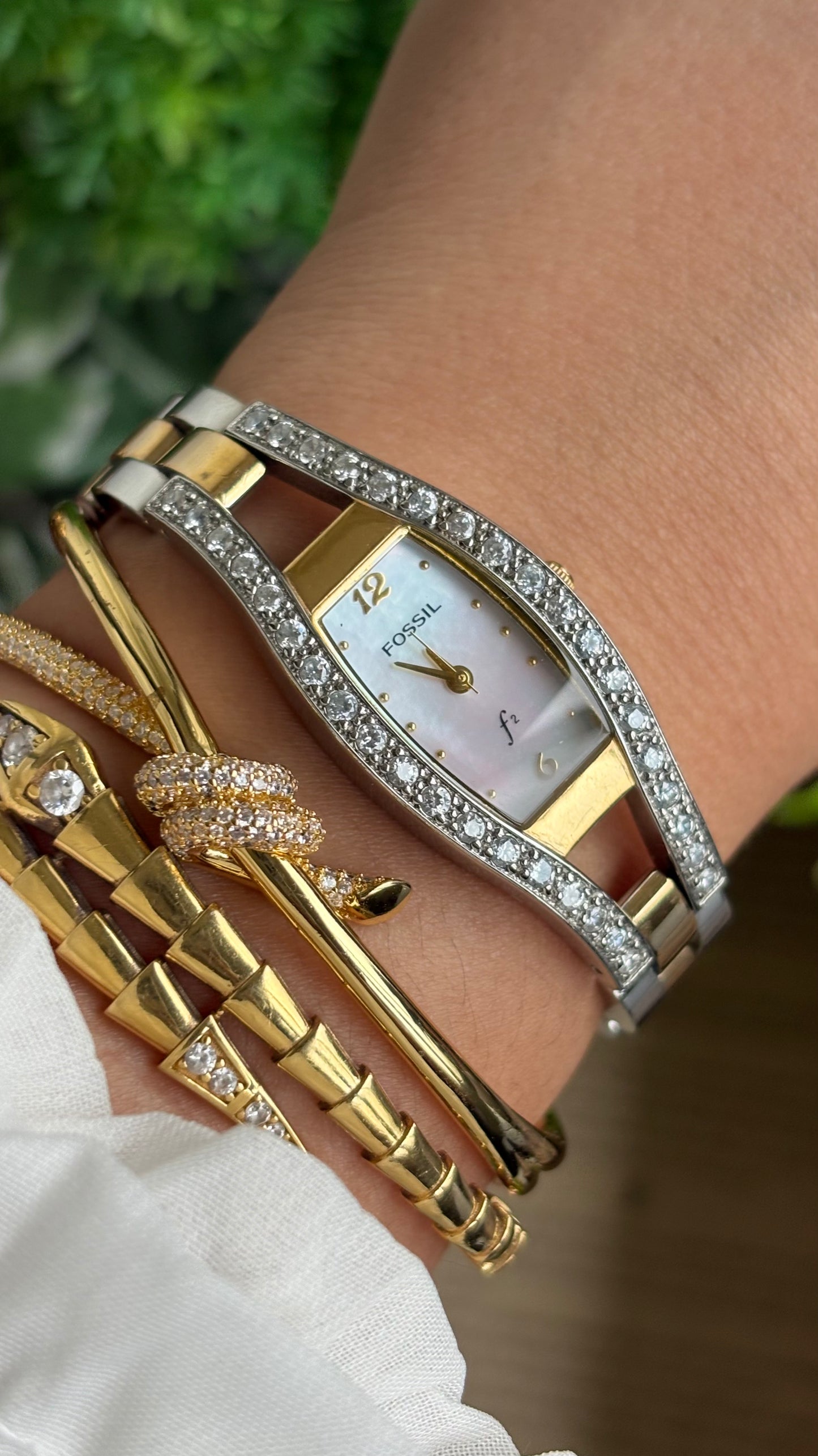 Vintage Fossil Bejeweled Watch in Two-Tone Pearl Dial