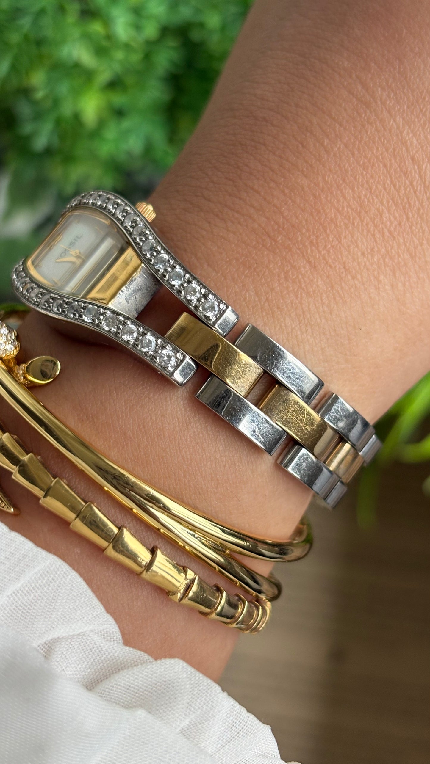 Vintage Fossil Bejeweled Watch in Two-Tone Pearl Dial